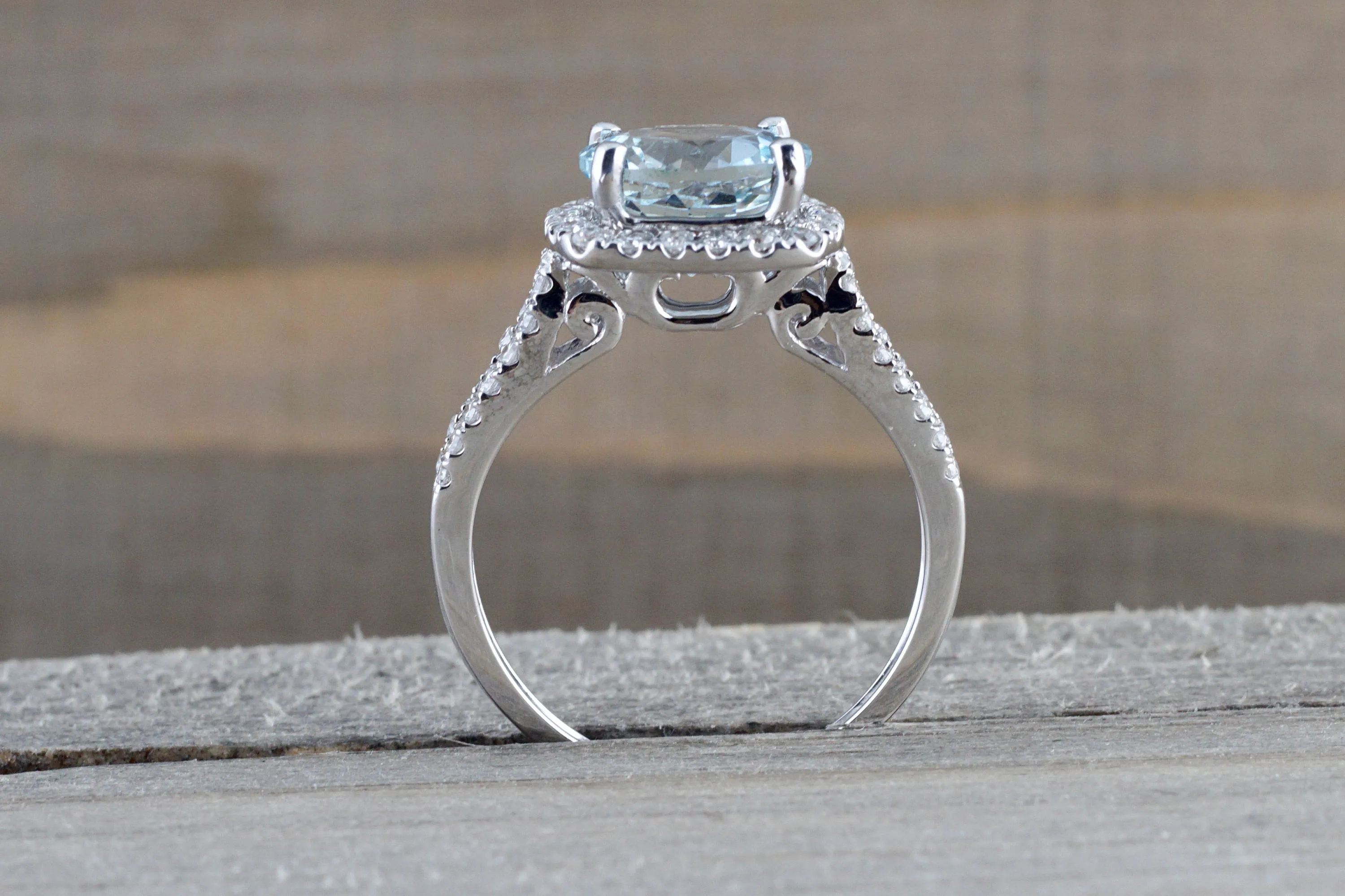 18k White Gold Cushion Halo Round Aquamarine Split Shank Engagement Ring