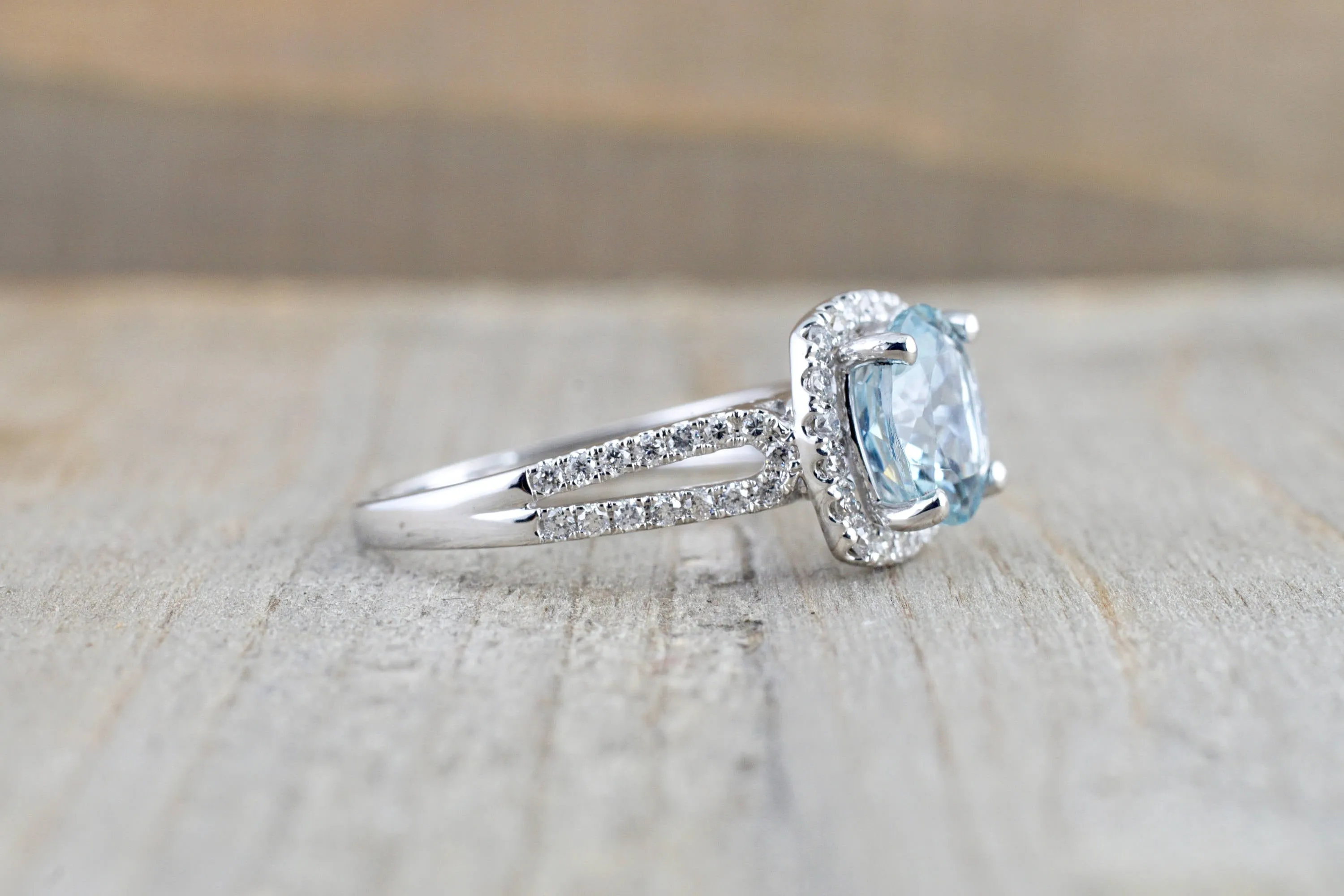 18k White Gold Cushion Halo Round Aquamarine Split Shank Engagement Ring