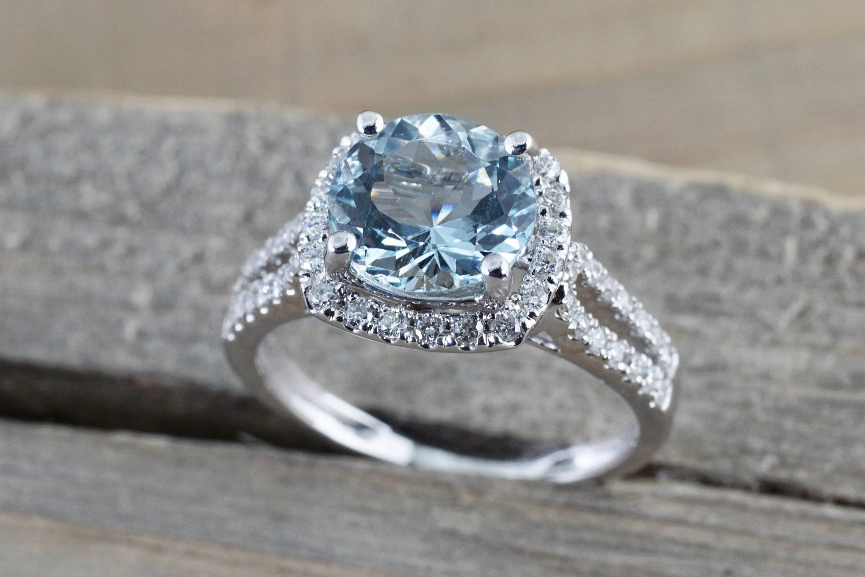 18k White Gold Cushion Halo Round Aquamarine Split Shank Engagement Ring