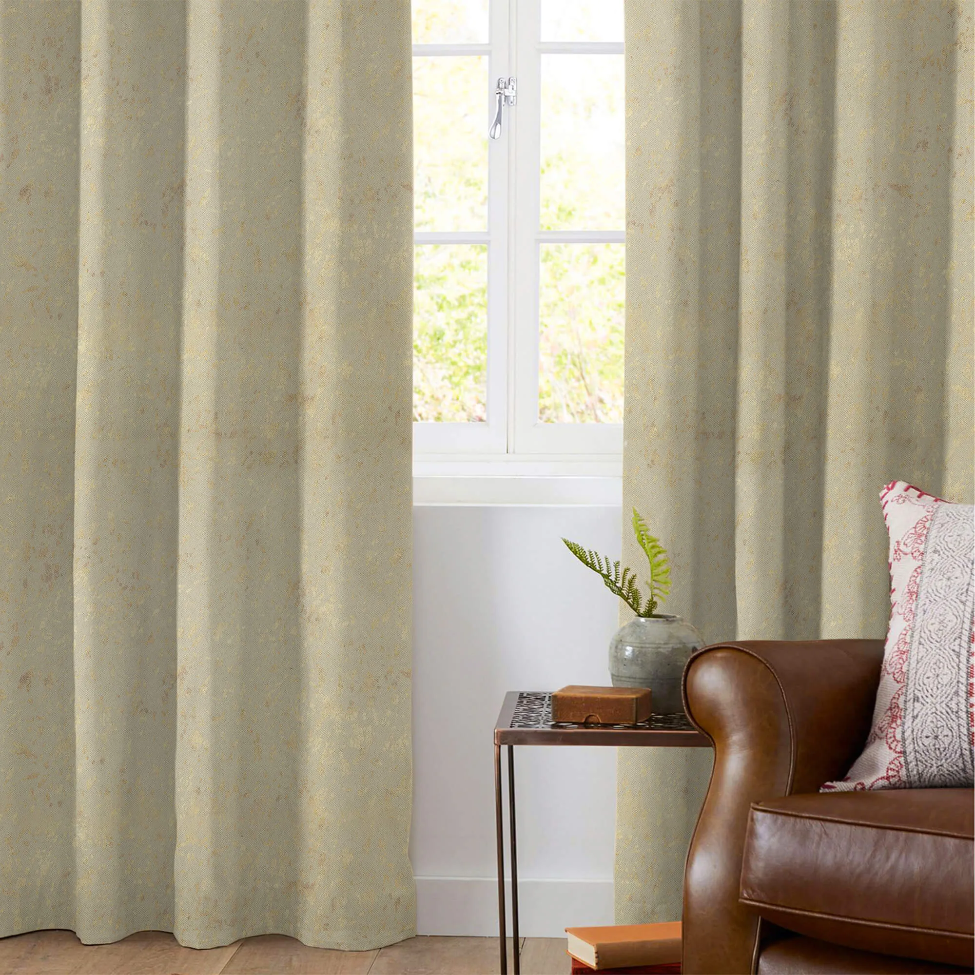 Beige Abstract Pattern Golden Foil Premium Curtain Fabric (Width 54 Inches)