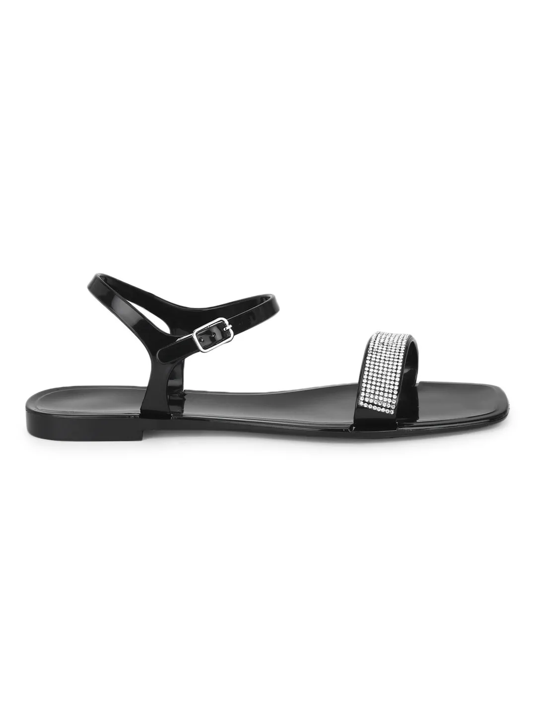 Black PVC Diamante Strap Sandals