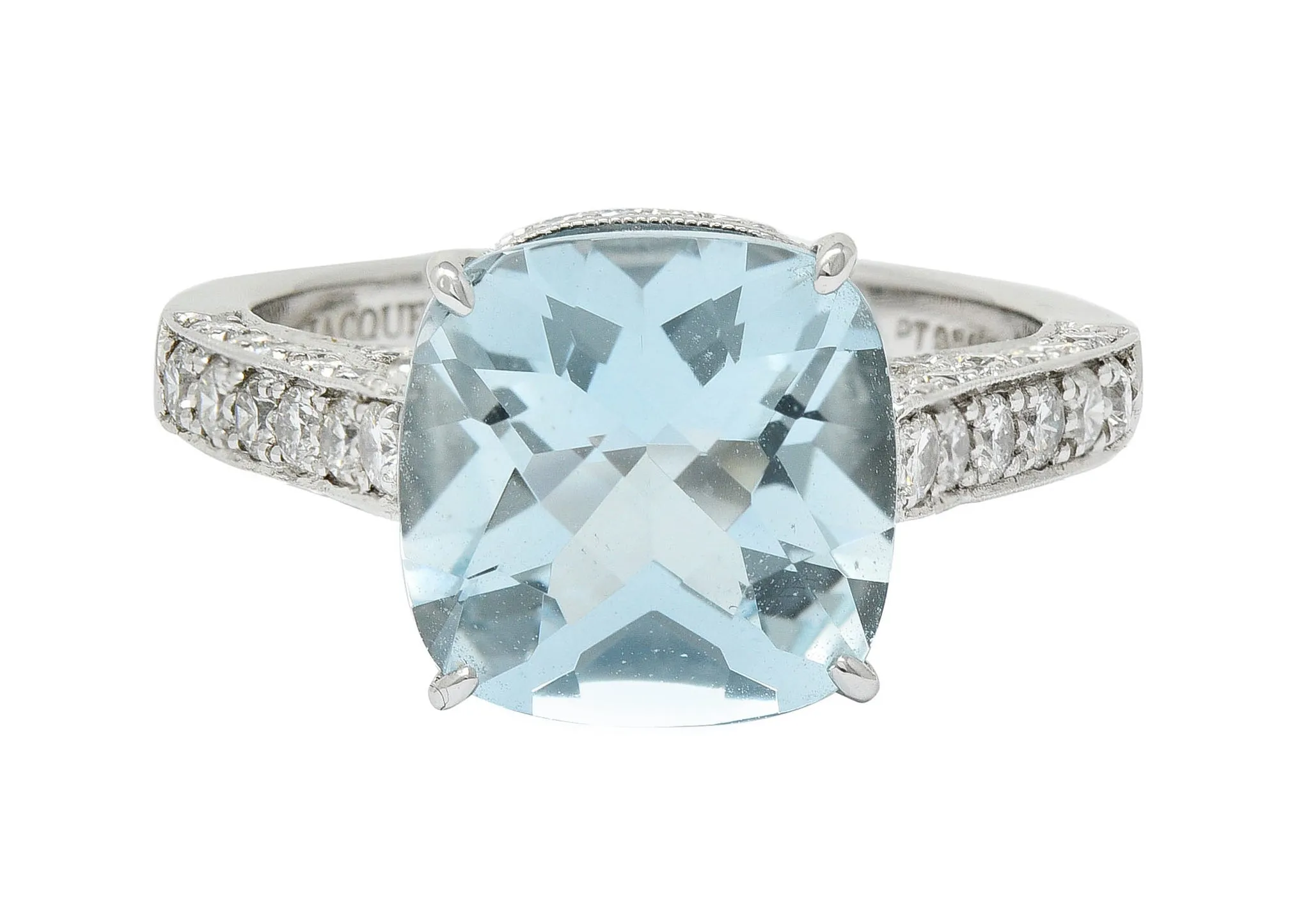 Checkerboard Cushion Cut 5.95 CTW Aquamarine Diamond Platinum Cocktail Ring