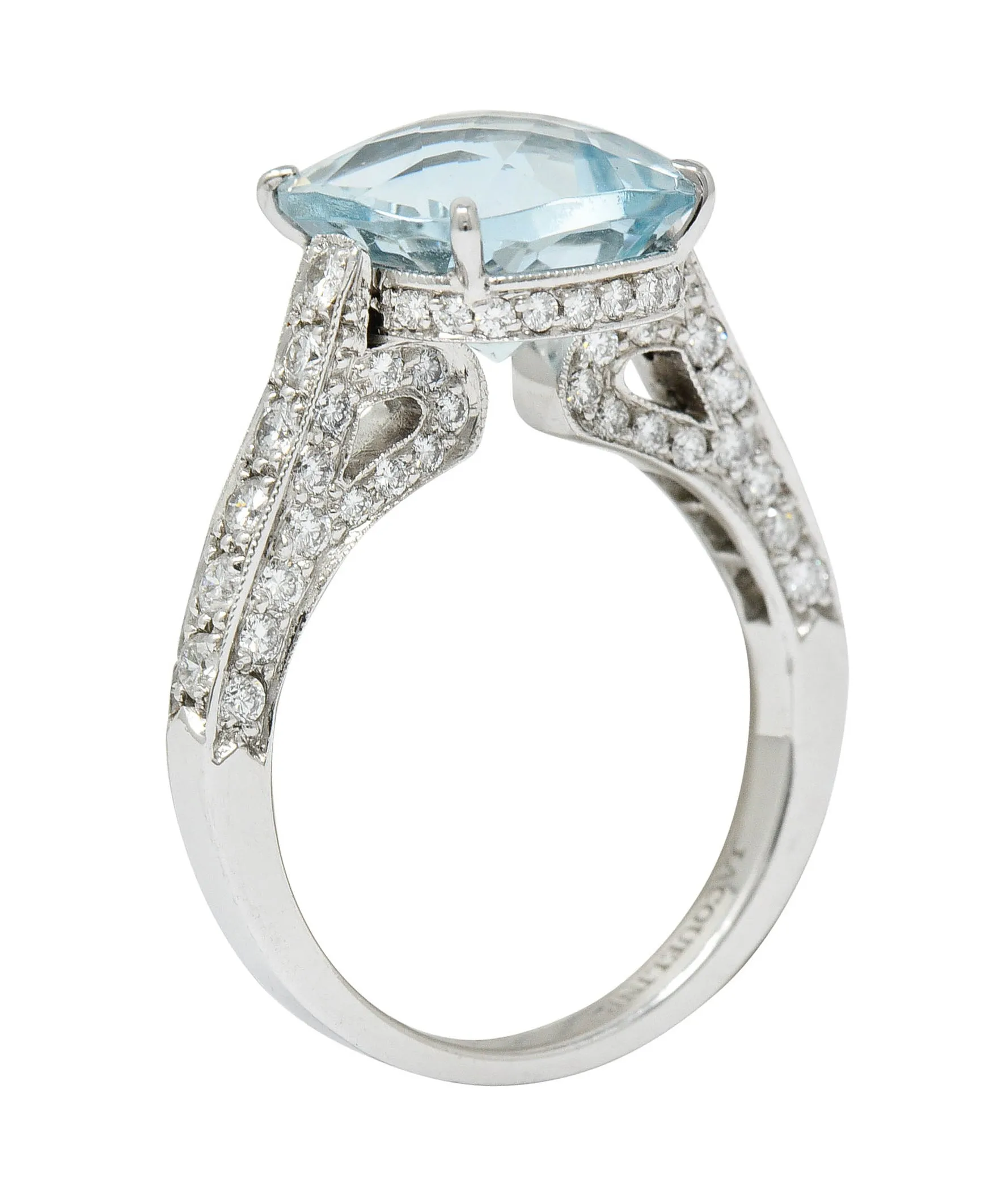 Checkerboard Cushion Cut 5.95 CTW Aquamarine Diamond Platinum Cocktail Ring