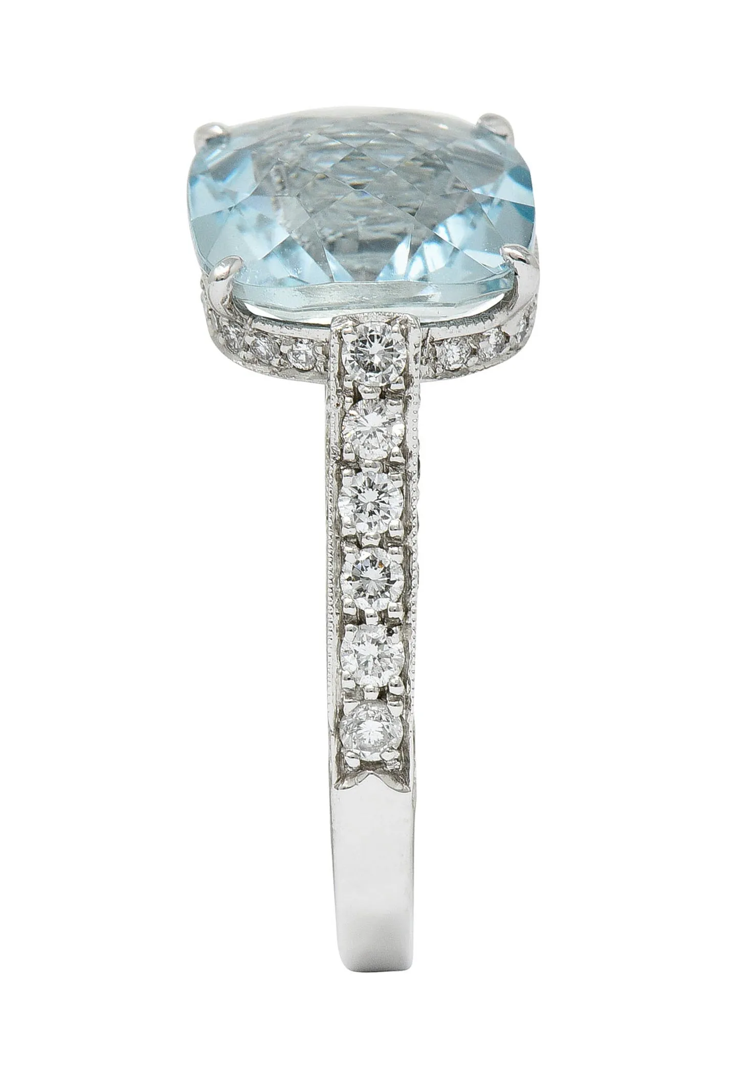 Checkerboard Cushion Cut 5.95 CTW Aquamarine Diamond Platinum Cocktail Ring