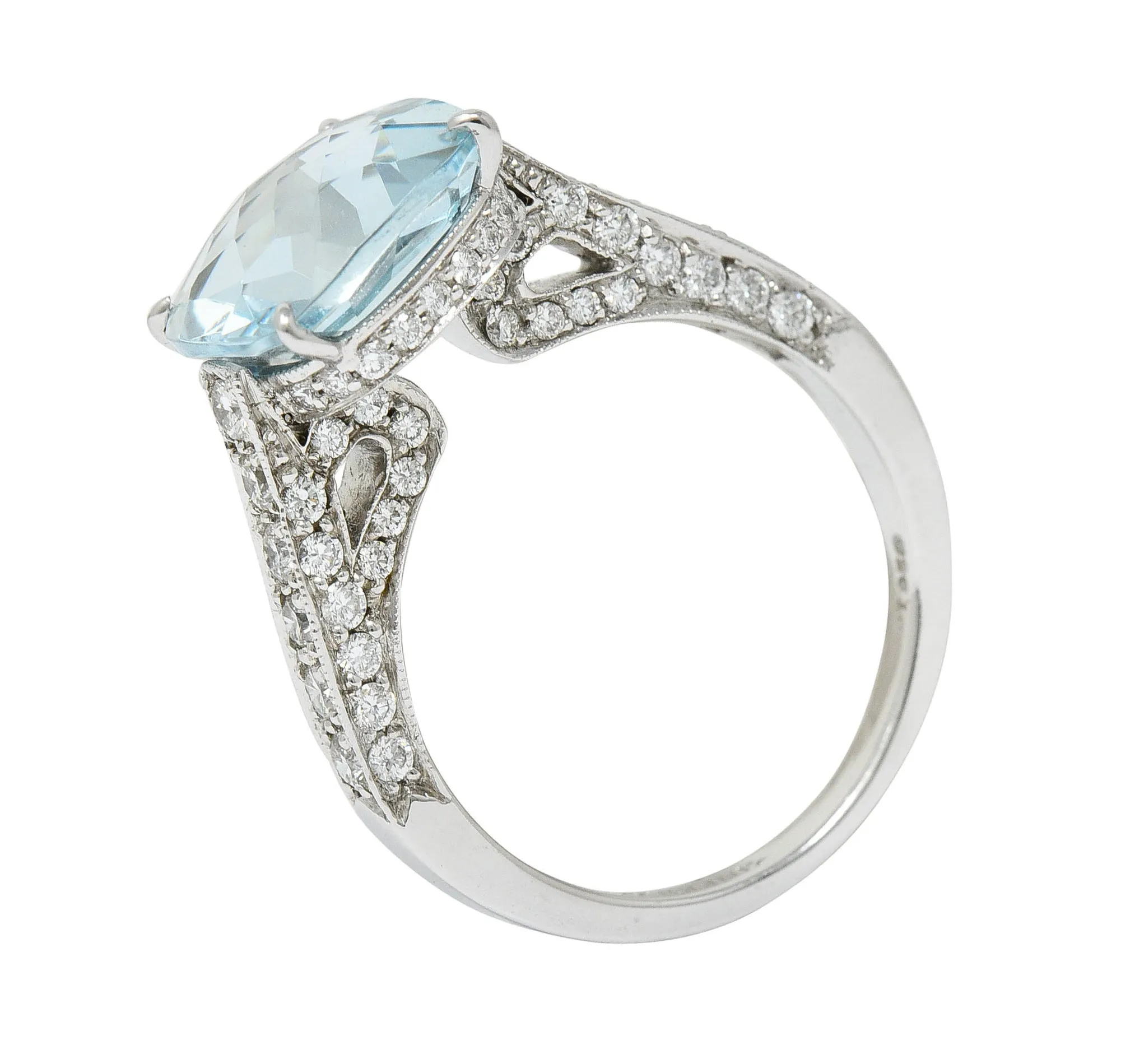 Checkerboard Cushion Cut 5.95 CTW Aquamarine Diamond Platinum Cocktail Ring