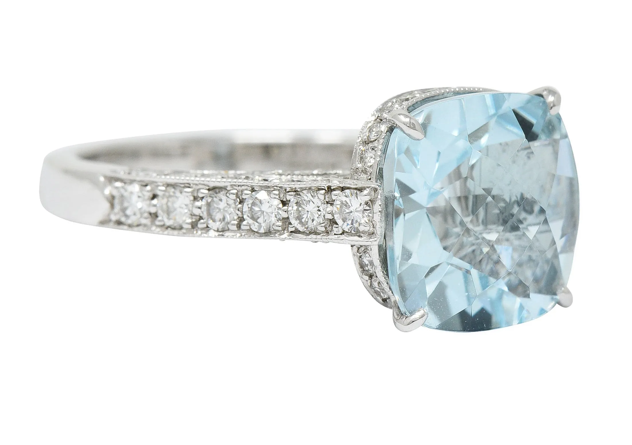 Checkerboard Cushion Cut 5.95 CTW Aquamarine Diamond Platinum Cocktail Ring