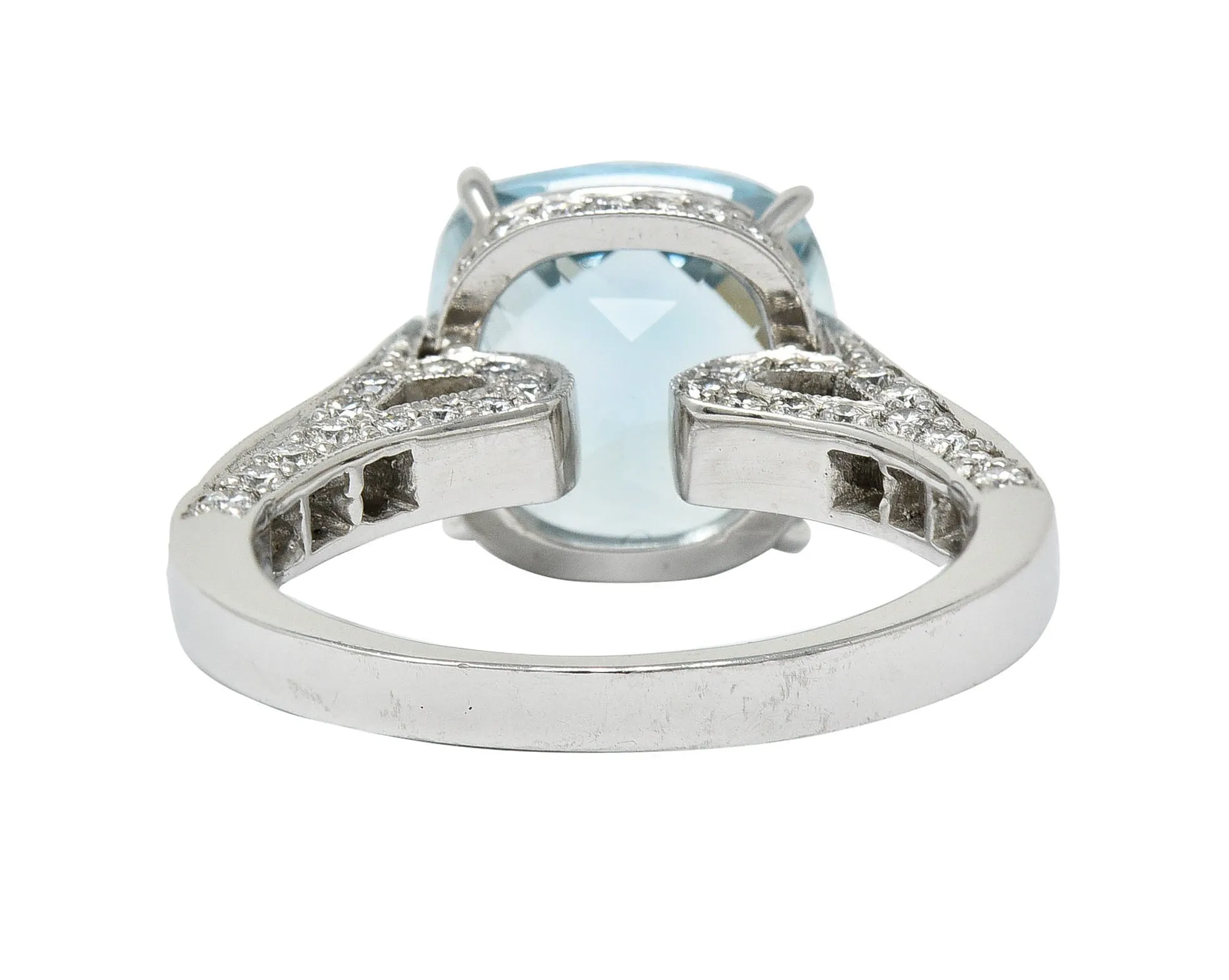 Checkerboard Cushion Cut 5.95 CTW Aquamarine Diamond Platinum Cocktail Ring