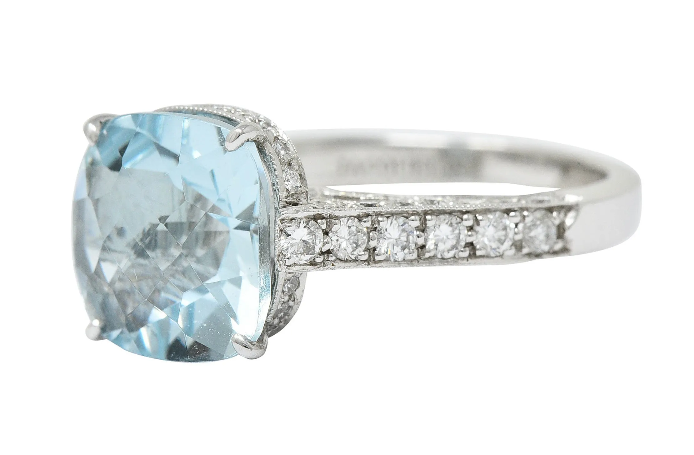 Checkerboard Cushion Cut 5.95 CTW Aquamarine Diamond Platinum Cocktail Ring