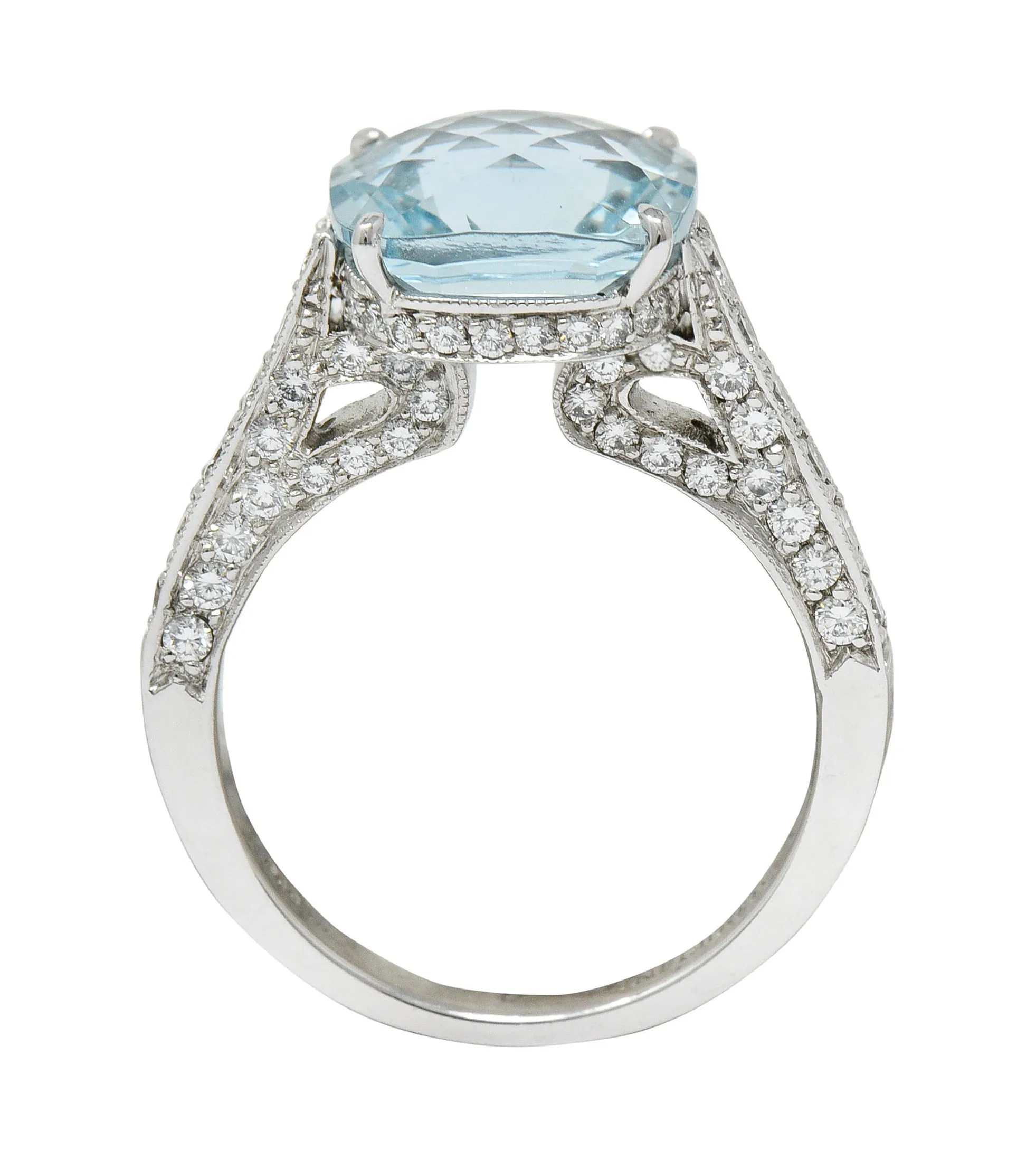 Checkerboard Cushion Cut 5.95 CTW Aquamarine Diamond Platinum Cocktail Ring