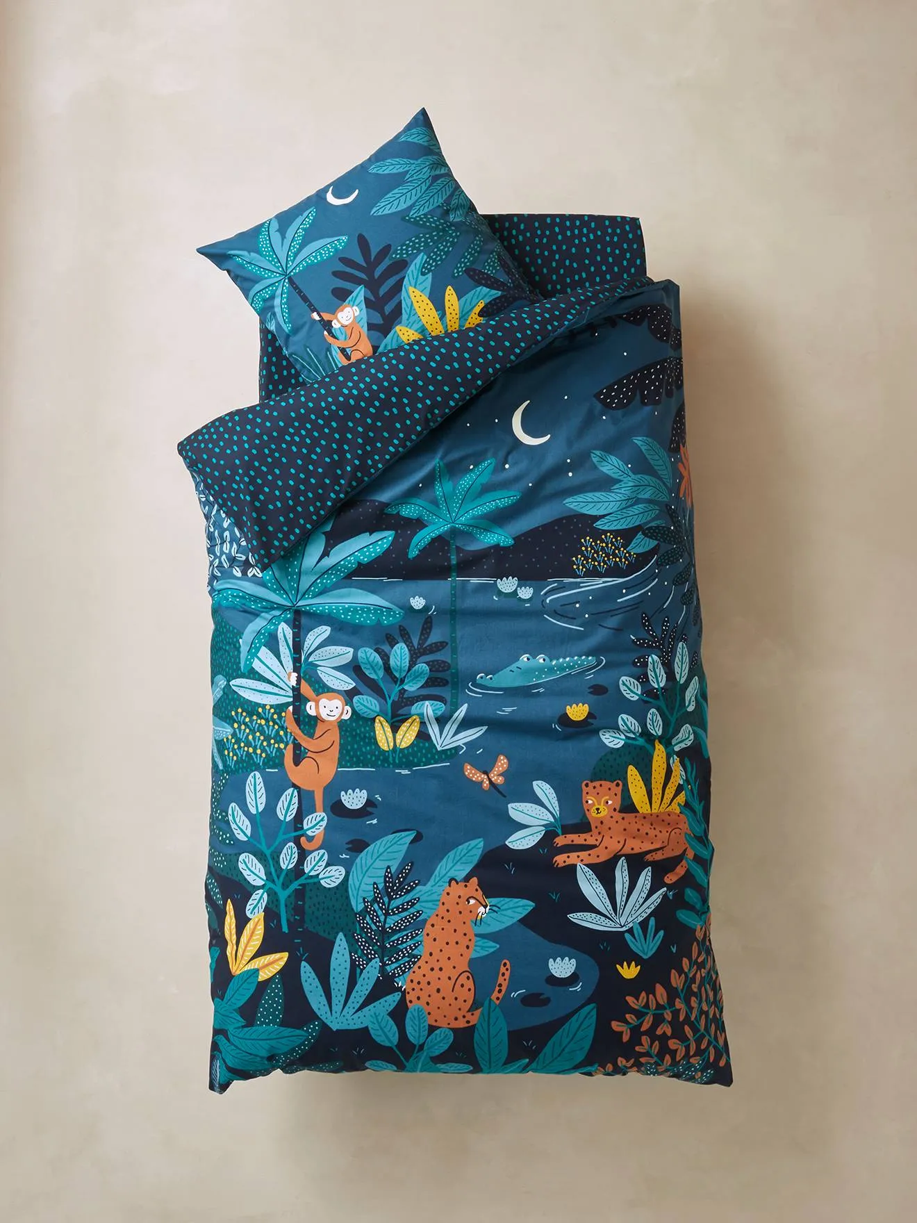 Children's Duvet Cover + Pillowcase Set, JUNGLE NIGHT - dark blue