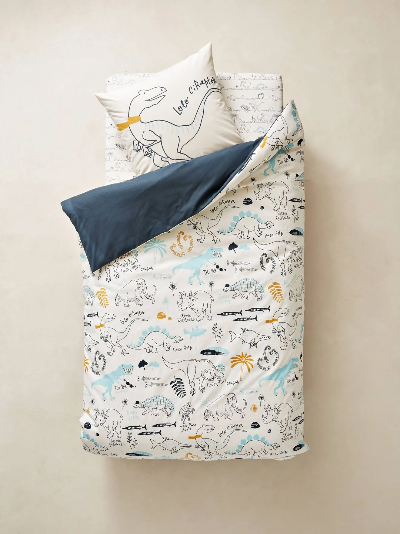 Children's Reversible Duvet Cover & Pillowcase Set, Dinorama Theme - dark blue/print