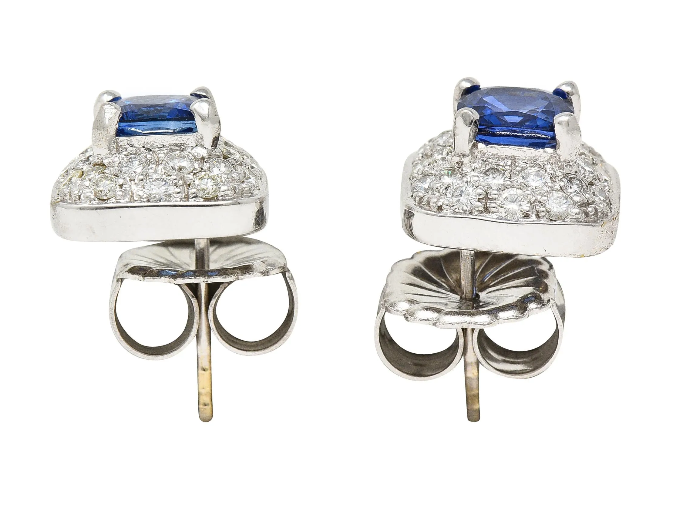 Contemporary 3.44 CTW Sapphire Diamond 18 Karat White Gold Cushion Stud Earrings