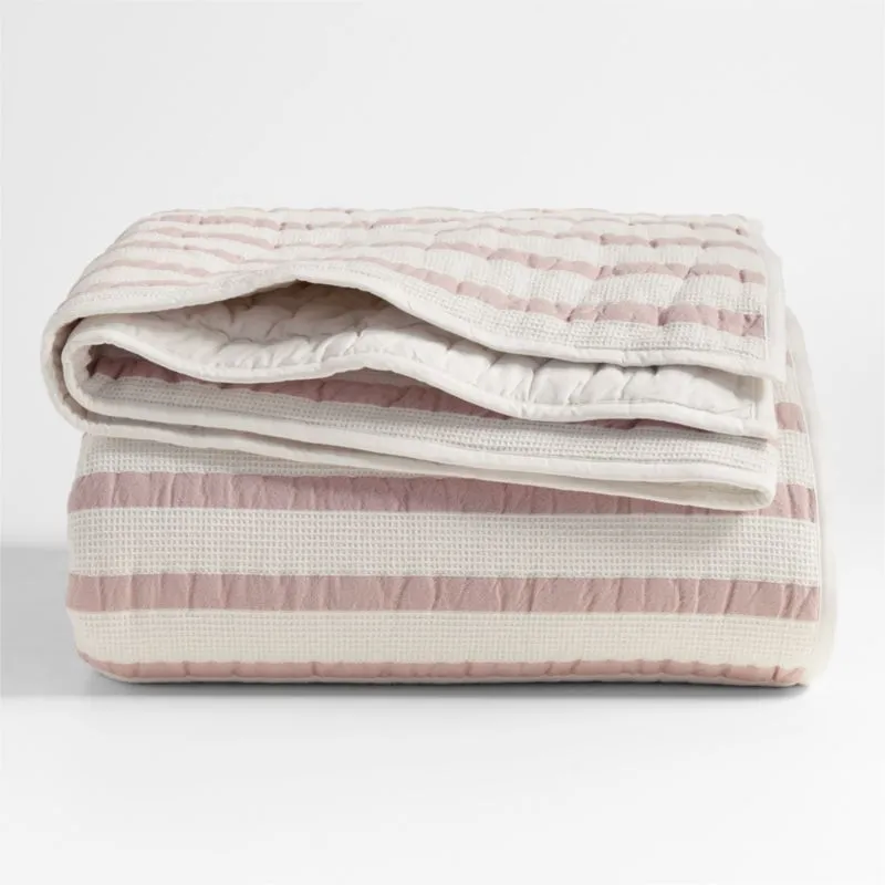 Crate&Barrel Classic Mauve Striped Waffle Weave Organic Cotton Kids Twin Quilt