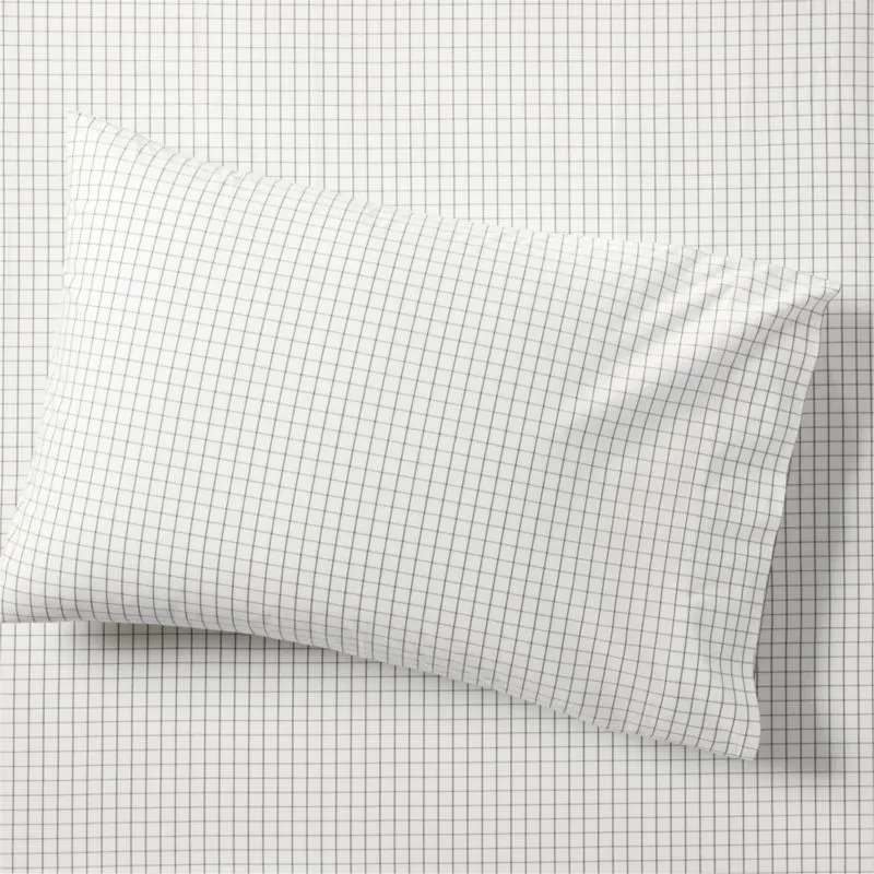 Crate&Barrel Stax Mini Grid Grey Yarn-Dyed Organic Cotton Kids Pillowcase