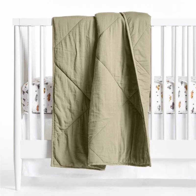 Crate&Barrel Supersoft Garden Green Cotton Gauze Baby Crib Quilt