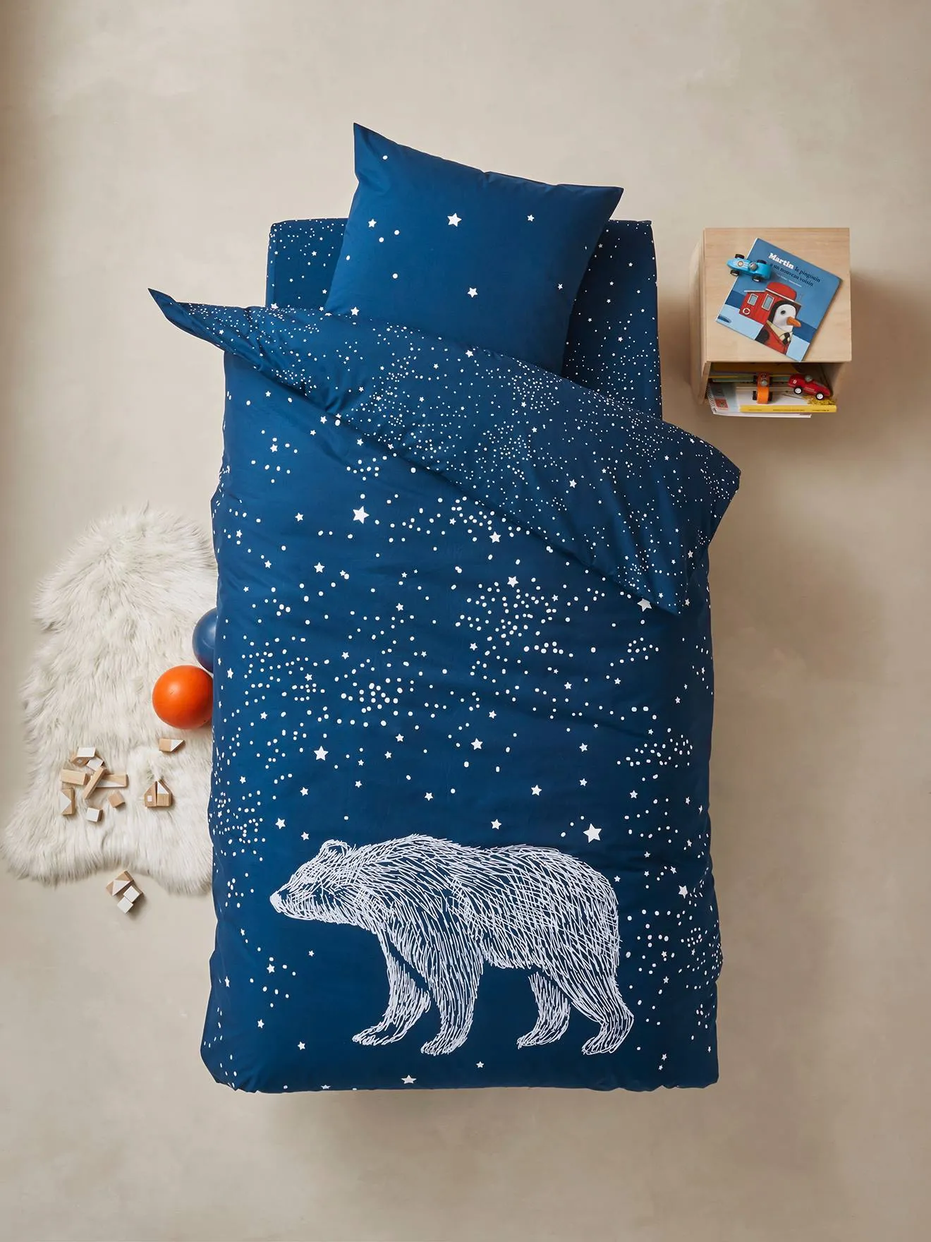 Duvet Cover + Pillowcase Set for Children, Glow-in-the-Dark Details, POLAR BEAR - dark blue