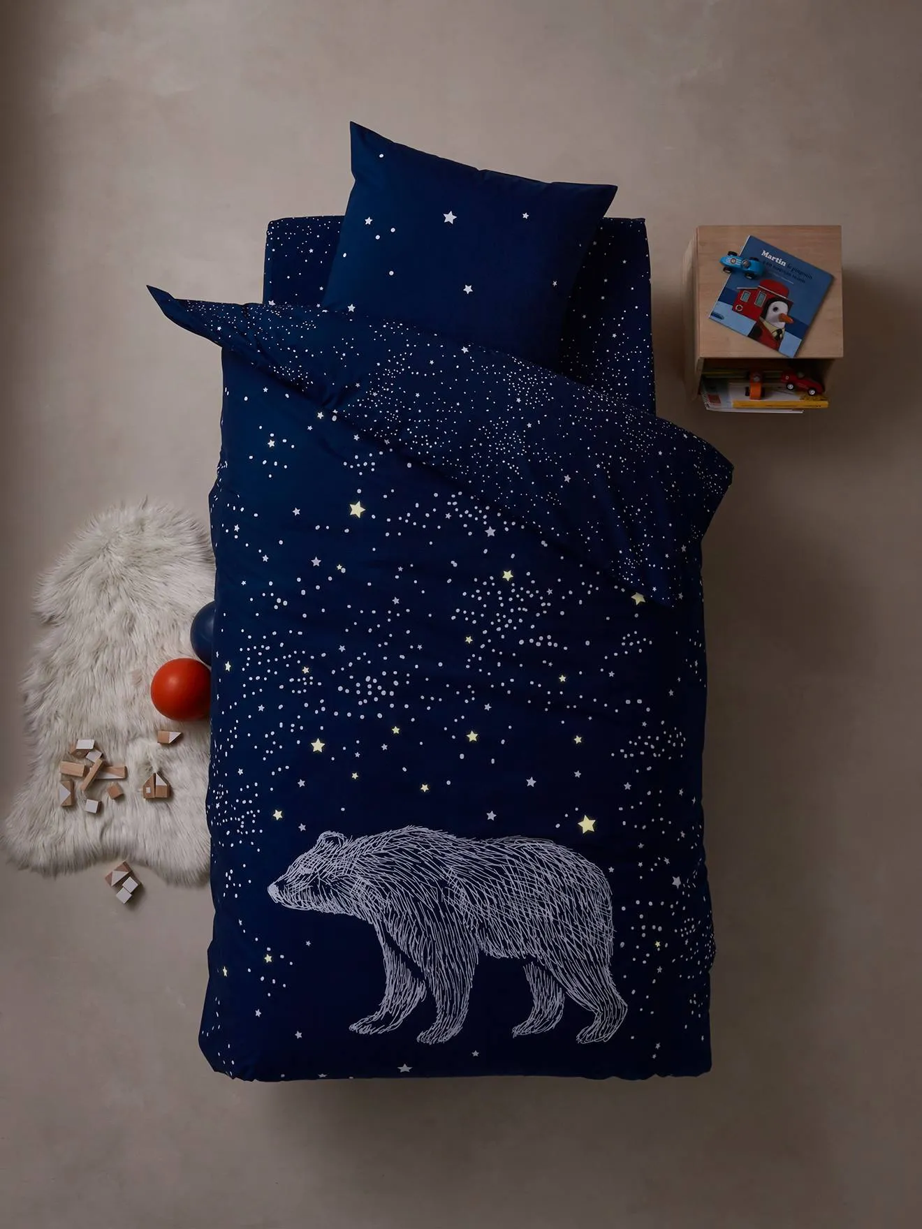 Duvet Cover + Pillowcase Set for Children, Glow-in-the-Dark Details, POLAR BEAR - dark blue