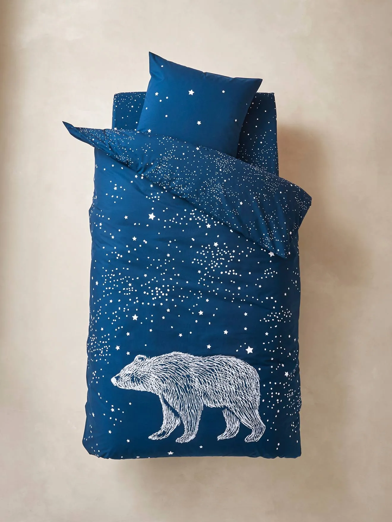 Duvet Cover + Pillowcase Set for Children, Glow-in-the-Dark Details, POLAR BEAR - dark blue