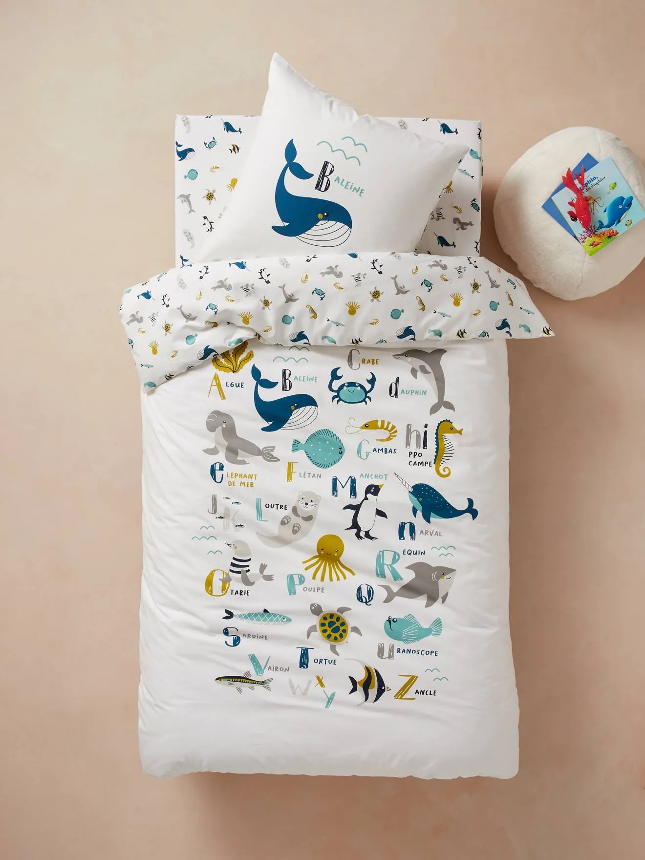 Duvet Cover + Pillowcase Set for Children, Marine Animal Alphabet Theme - white