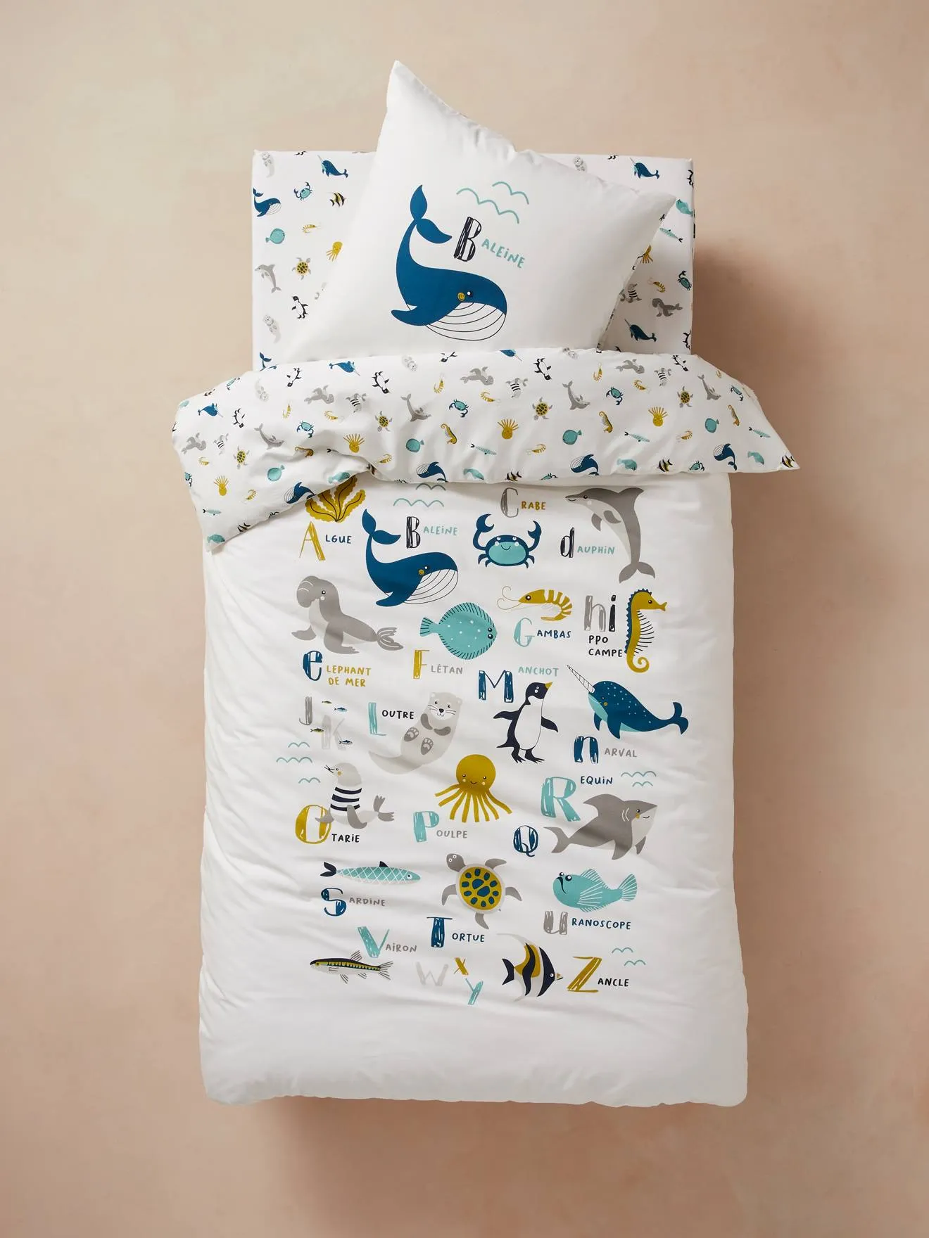 Duvet Cover + Pillowcase Set for Children, Marine Animal Alphabet Theme - white