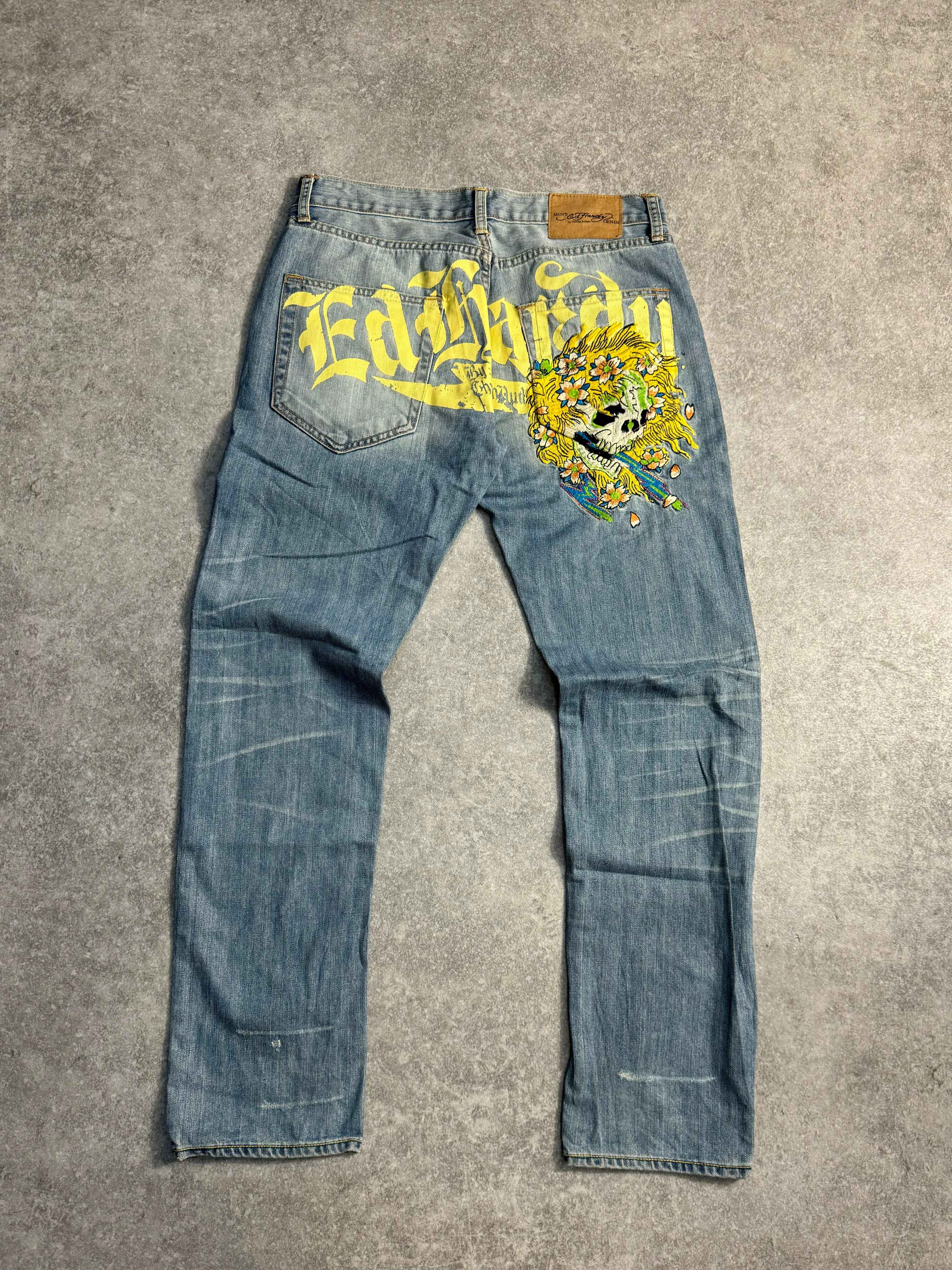 Ed Hardy Lightwash Yellow Flower Skull Embroidered Jeans