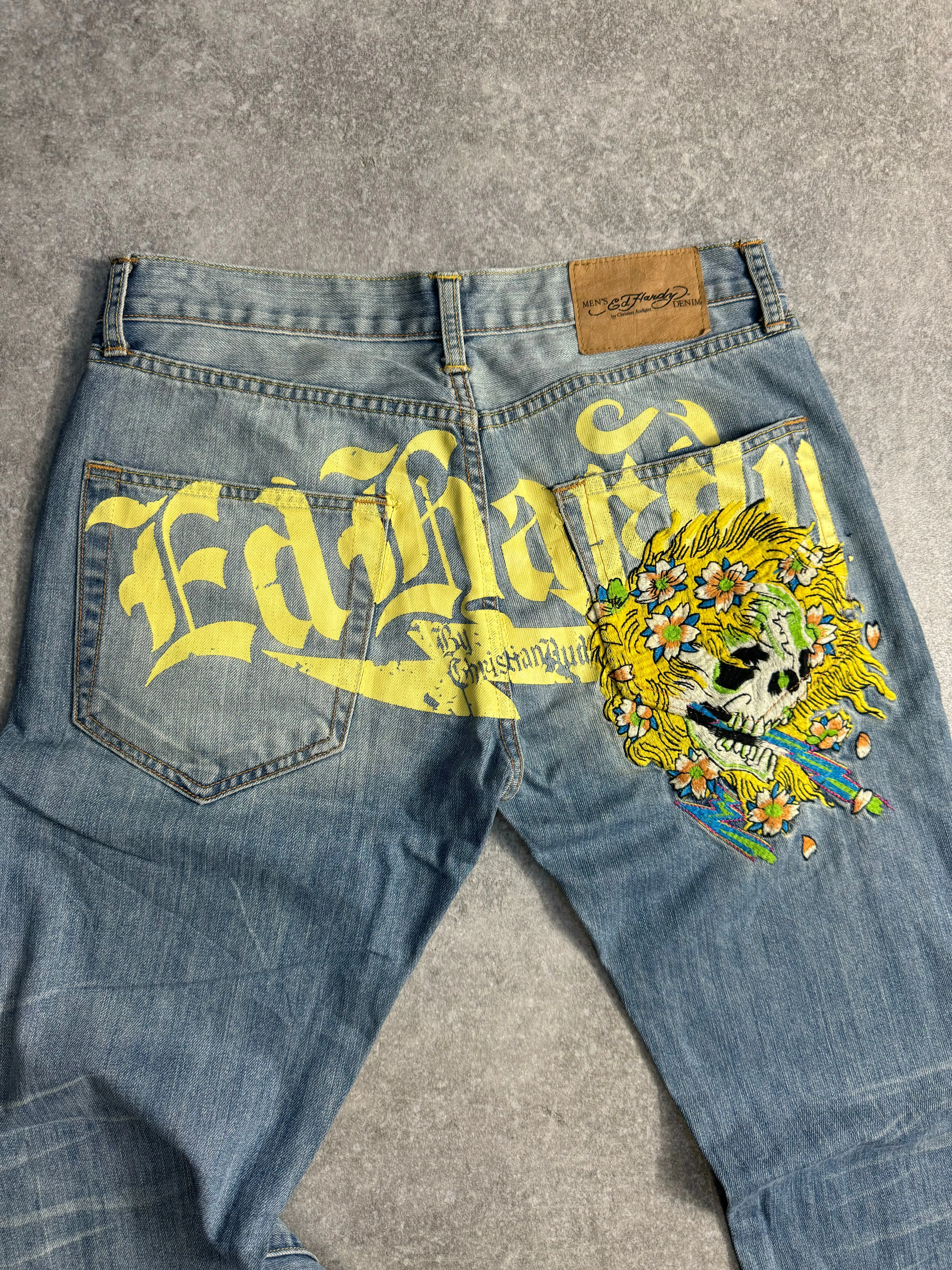 Ed Hardy Lightwash Yellow Flower Skull Embroidered Jeans