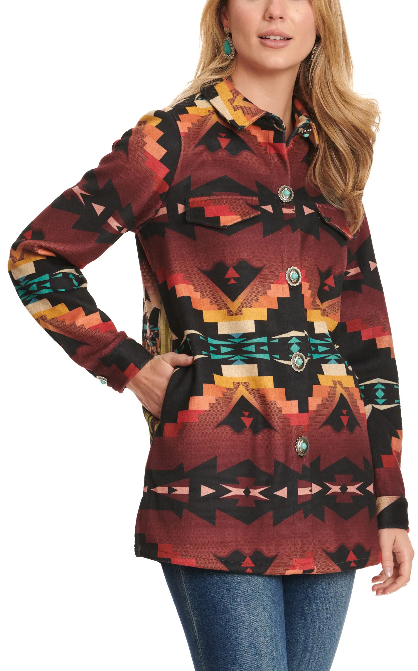 Fashion Express Women's Black & Sunset Aztec Desert Print Long Sleeve Jacket 