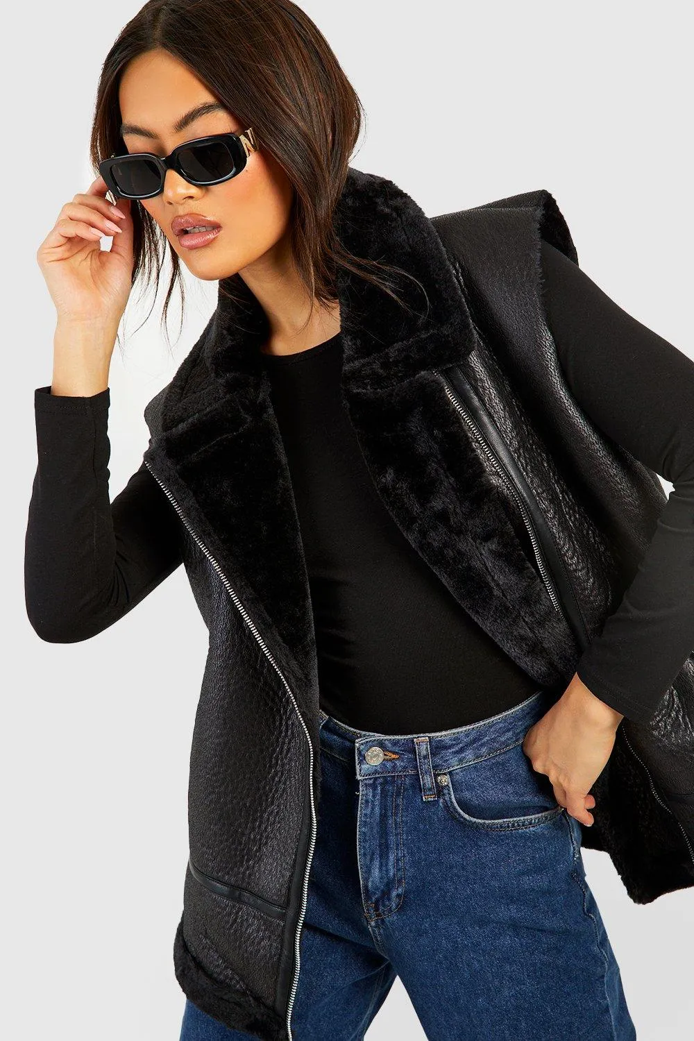 Faux Fur Trim Oversized Aviator Vest