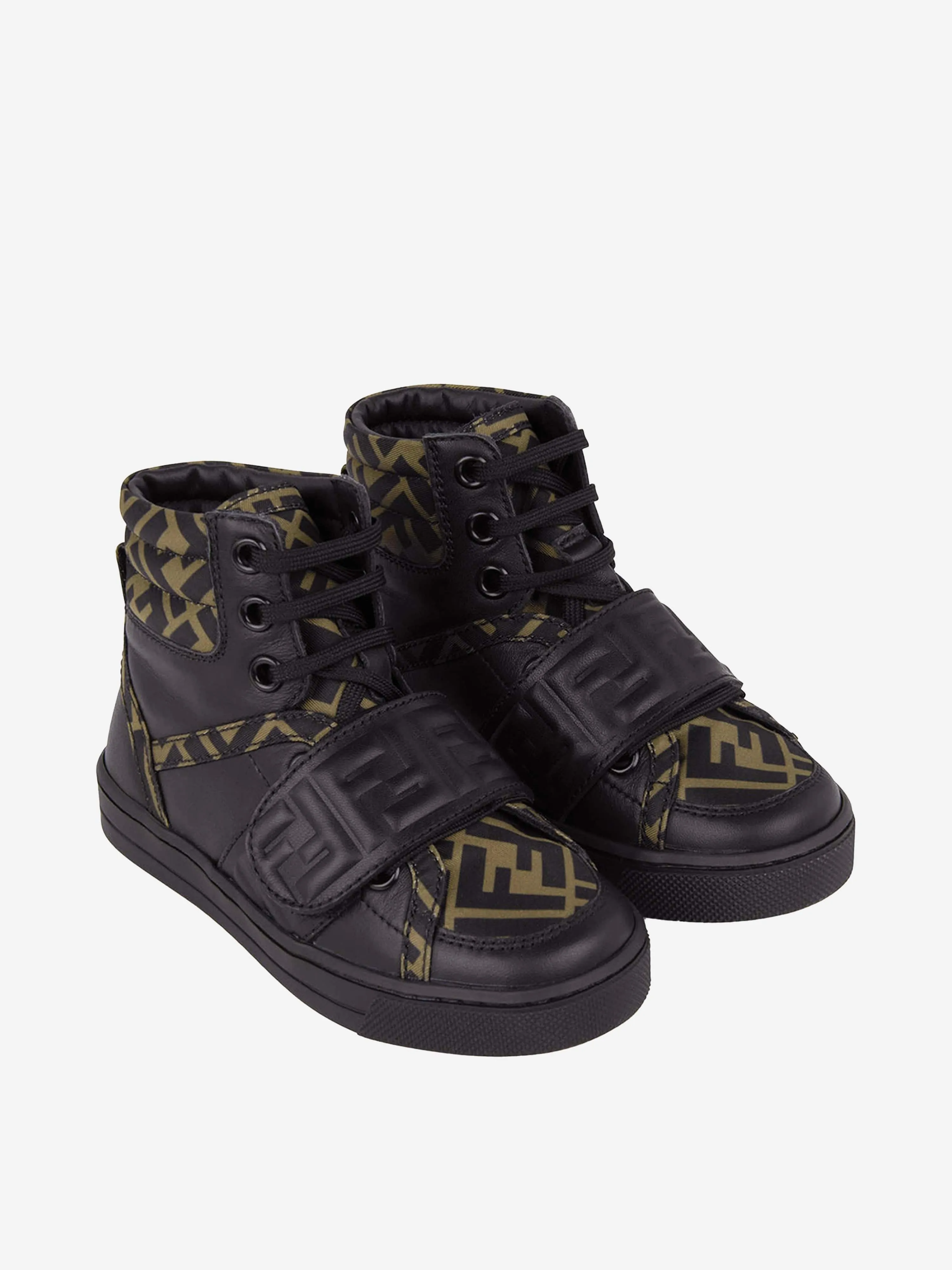 Fendi Fendi Kids Black & Brown Leather High Top Logo Trainers