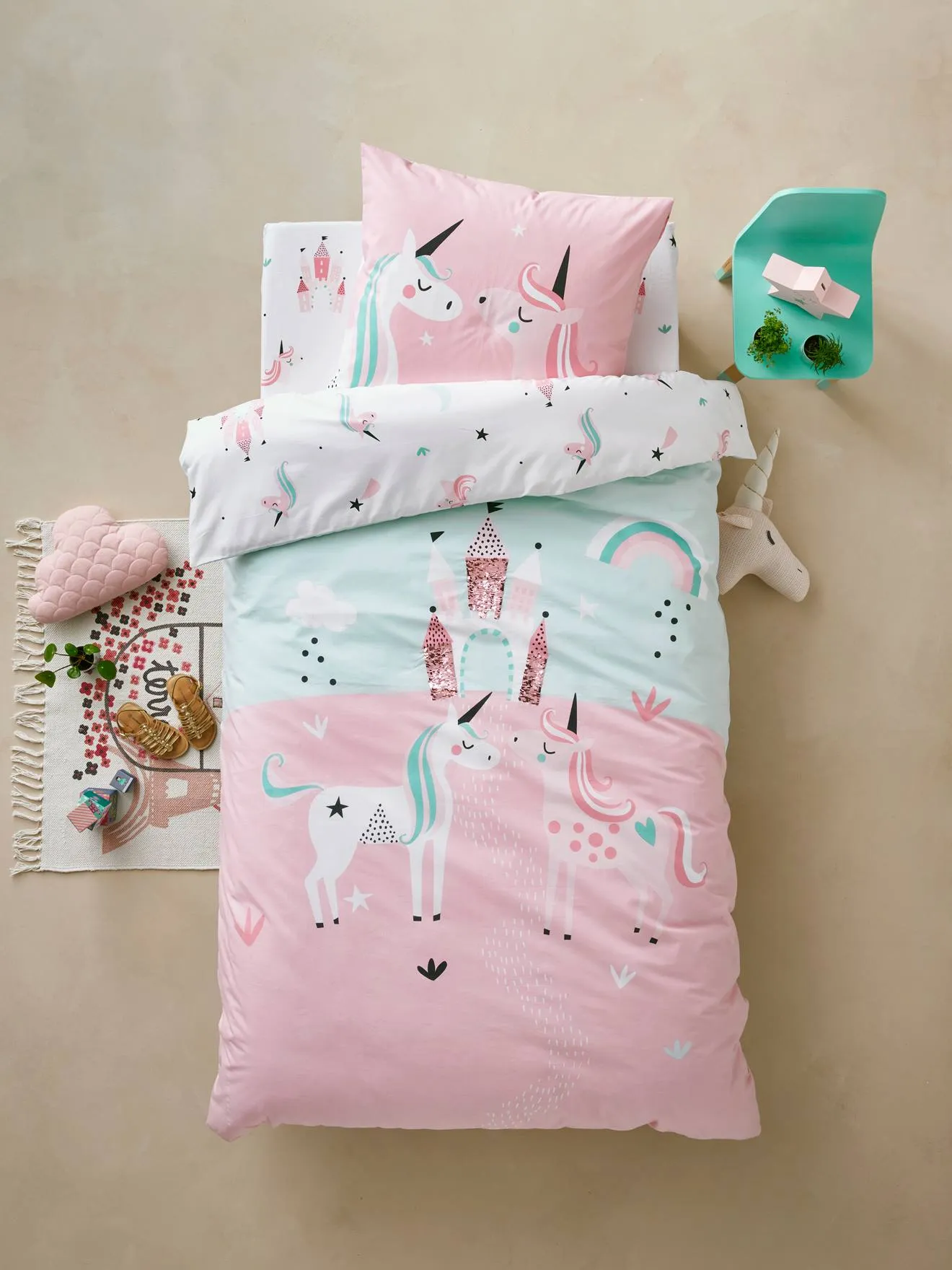 Girls' Duvet Cover + Pillowcase, Magic Unicorns Theme - light blue