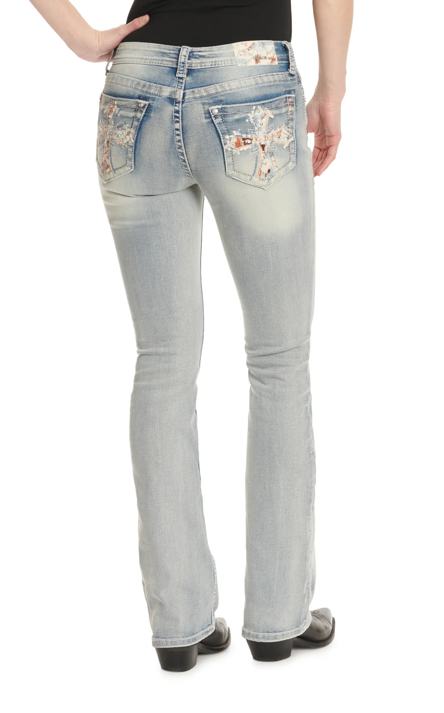 Grace in LA Women's Light Wash Painted Pony Hair on Hide Cross & Bling Easy Fit Jeans