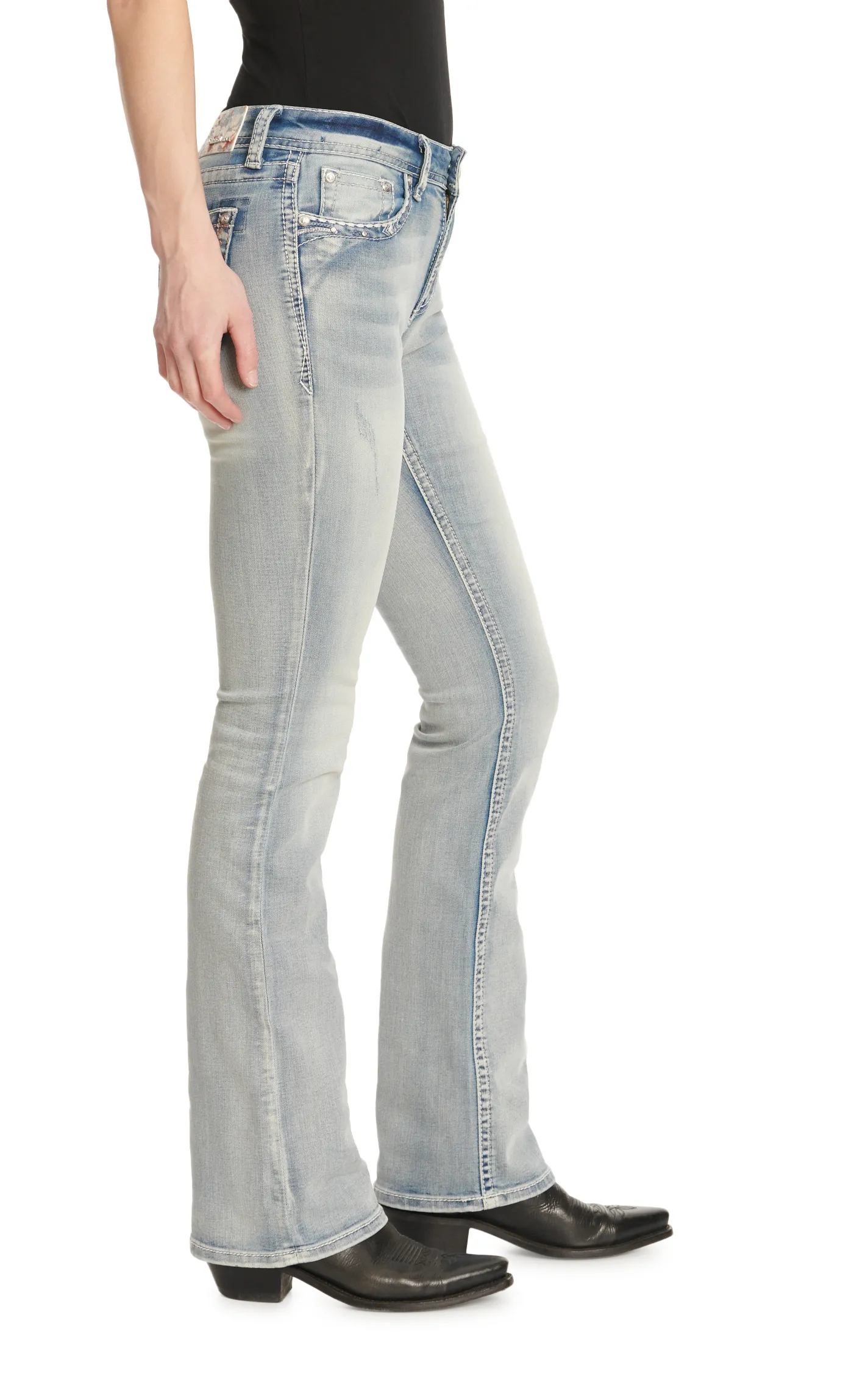 Grace in LA Women's Light Wash Painted Pony Hair on Hide Cross & Bling Easy Fit Jeans