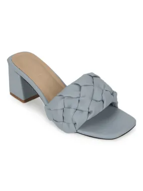 Grey PU Mules With Block Heels