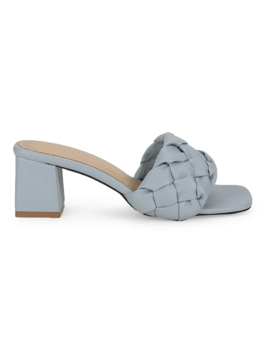 Grey PU Mules With Block Heels