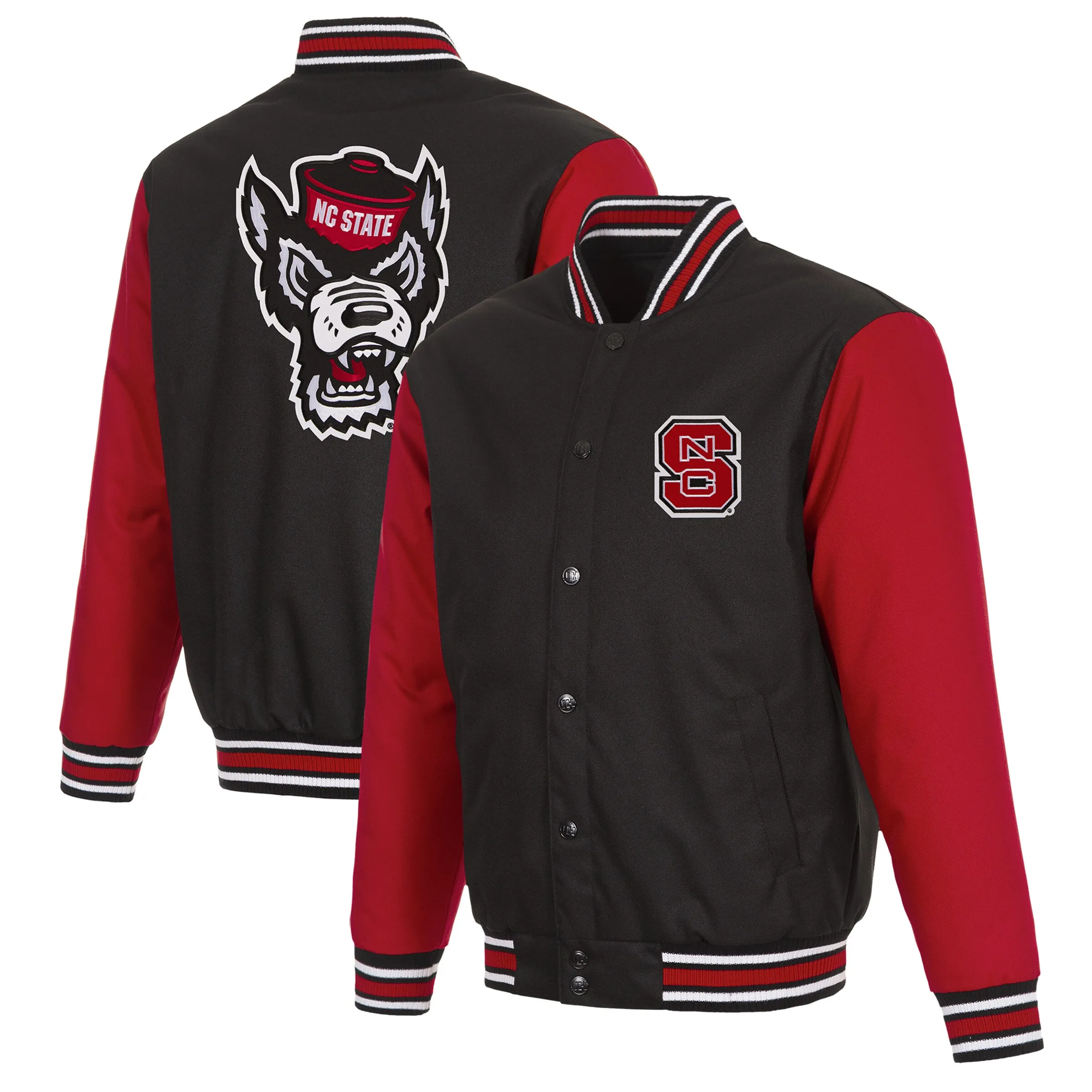 JH Design NC State Wolfpack Black Poly Twill Full-Snap Varsity Jacket