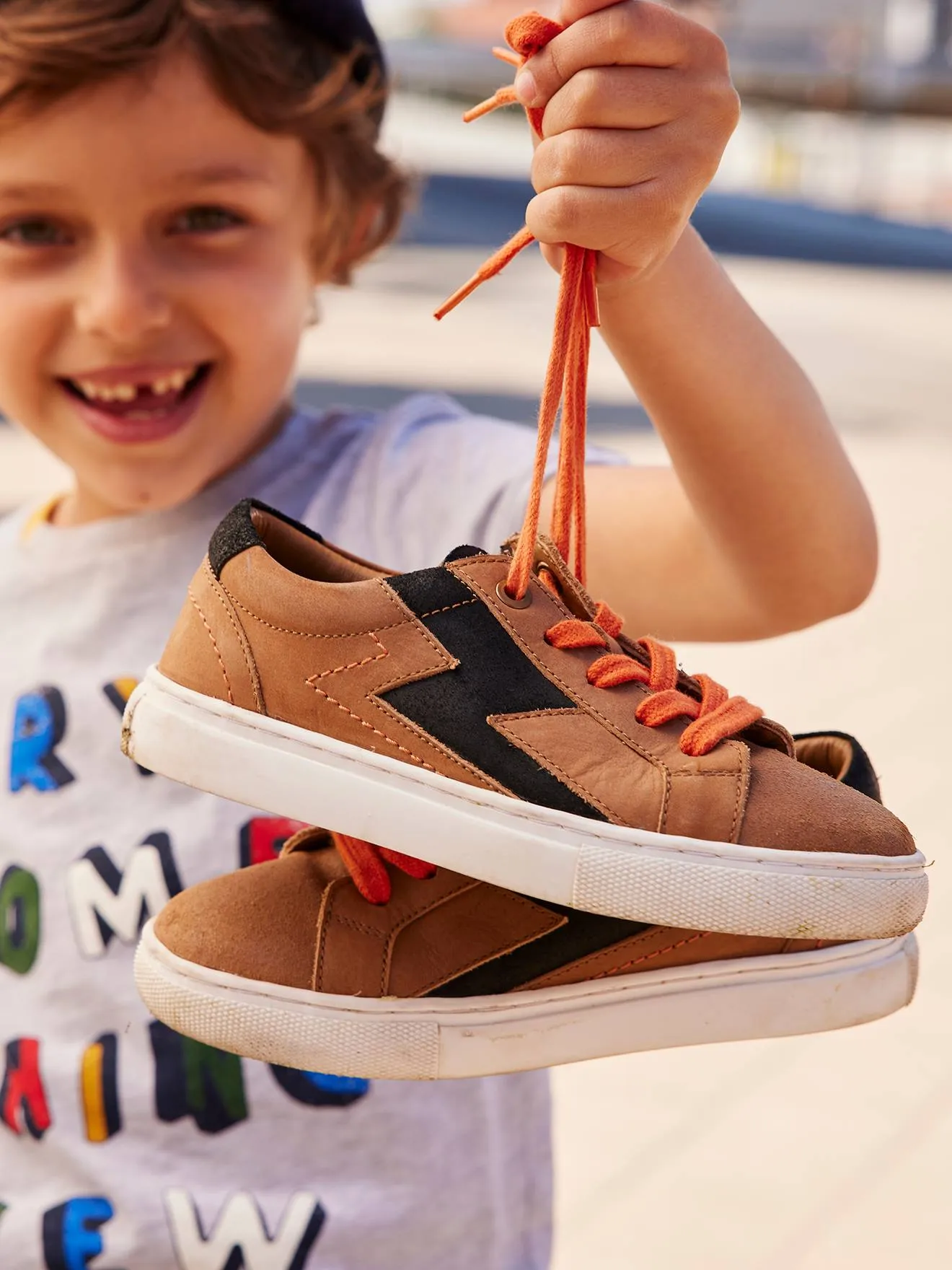 Leather Trainers with Laces & Zip, for Boys - brown