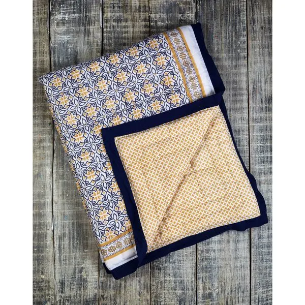 Malabar Baby Block-Printed Cotton Crib Quilt, Seminyak Blue