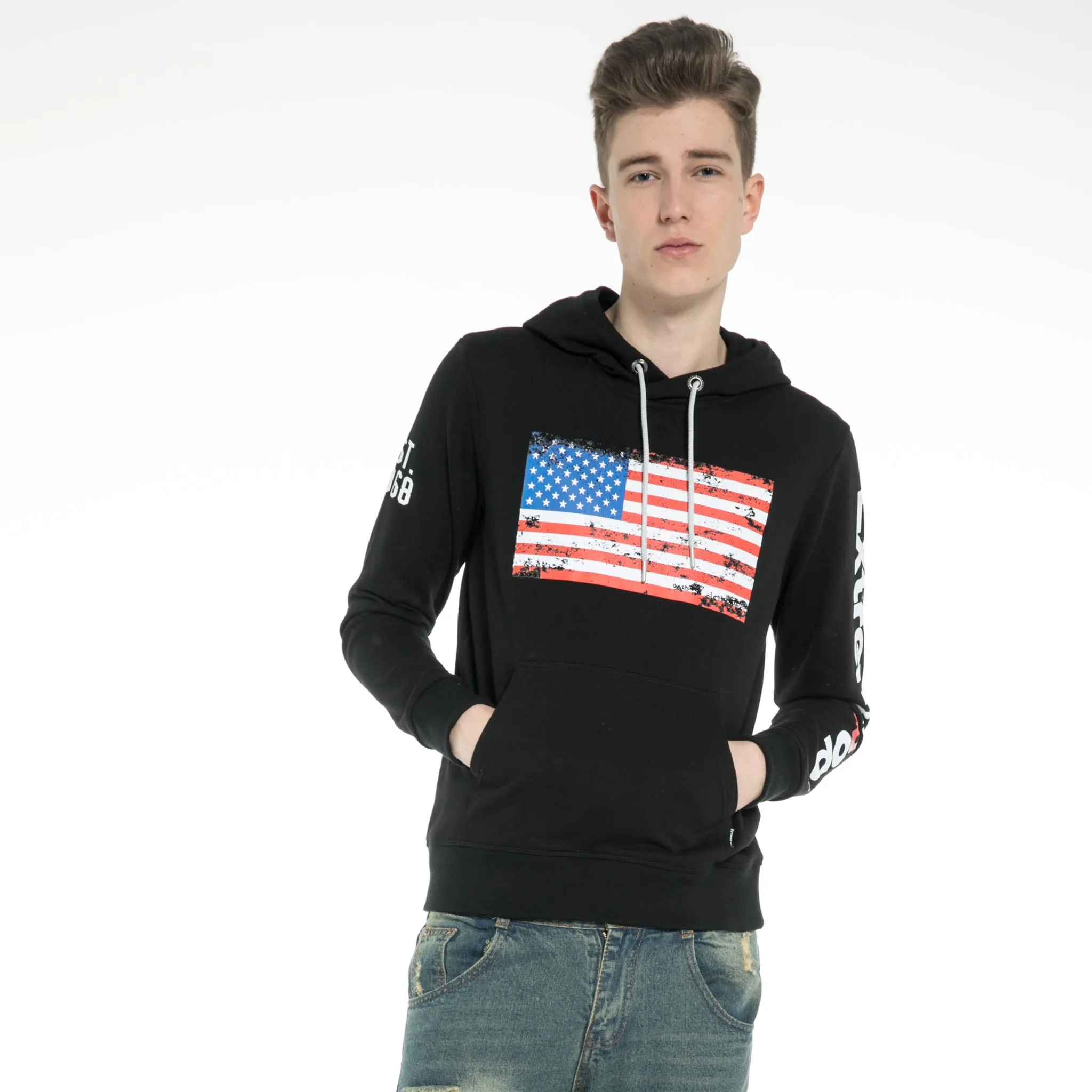 Men Distressed American Flag Classic Style Hoodie