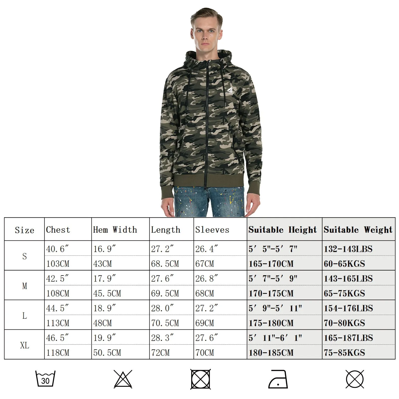 Mens Hoodie Full Zip Sweatshirts Camo Jacket size S M L XL