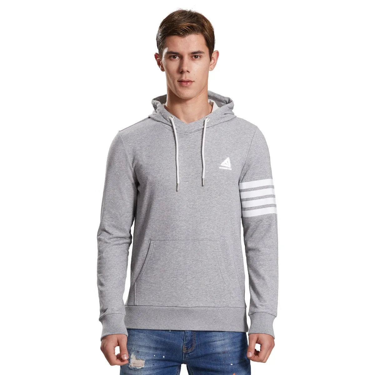 Mens Hoodie Sweatshirt Stripe Print Jumper grey or navy