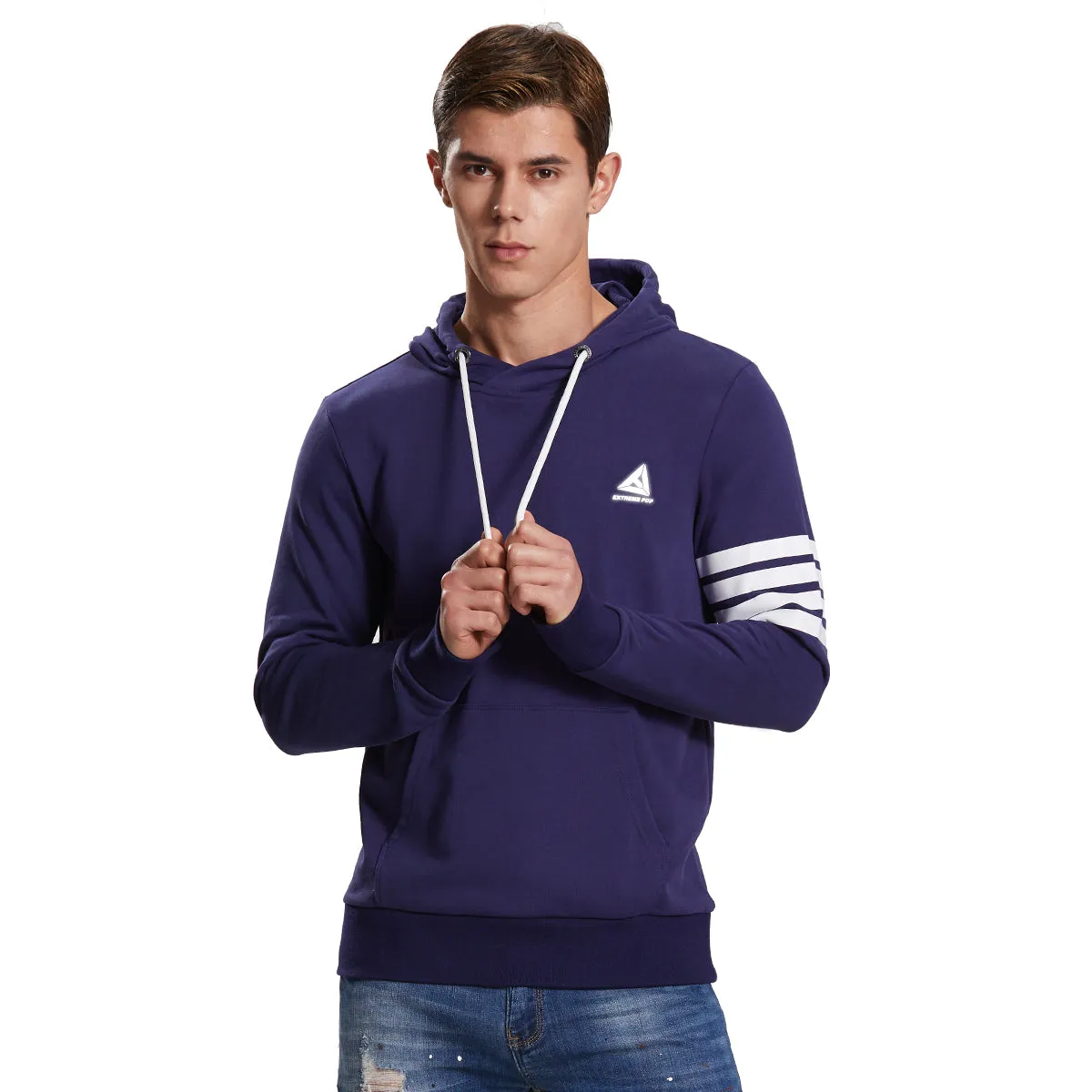 Mens Hoodie Sweatshirt Stripe Print Jumper grey or navy