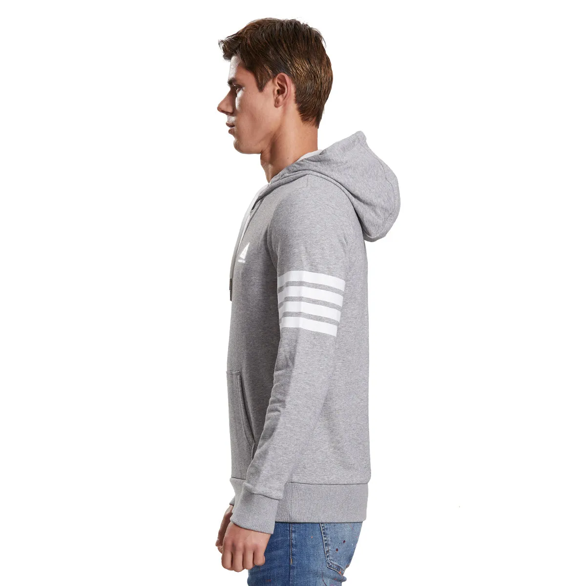 Mens Hoodie Sweatshirt Stripe Print Jumper grey or navy