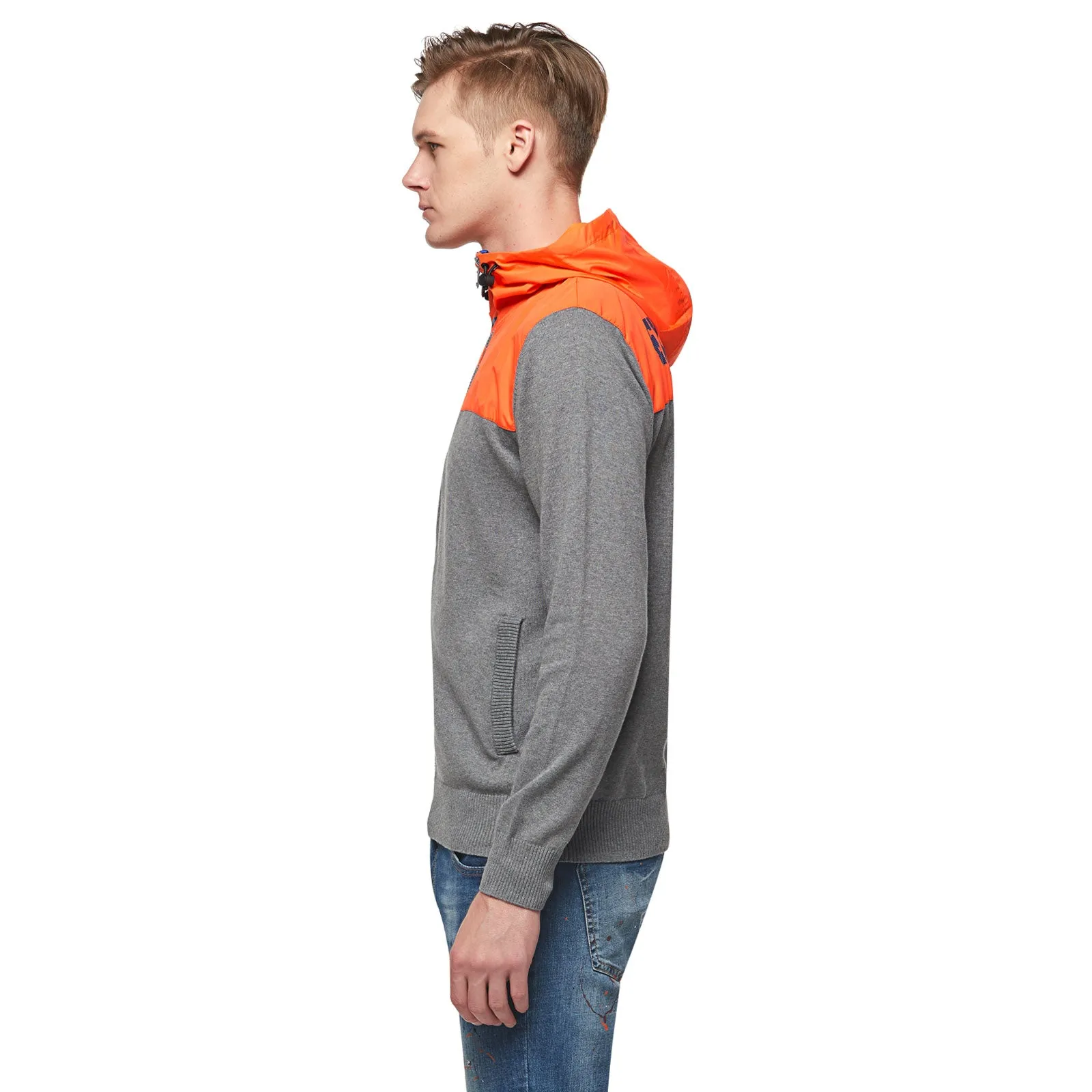 Mens Knitwear With Woven  Zip-Up Hoodie