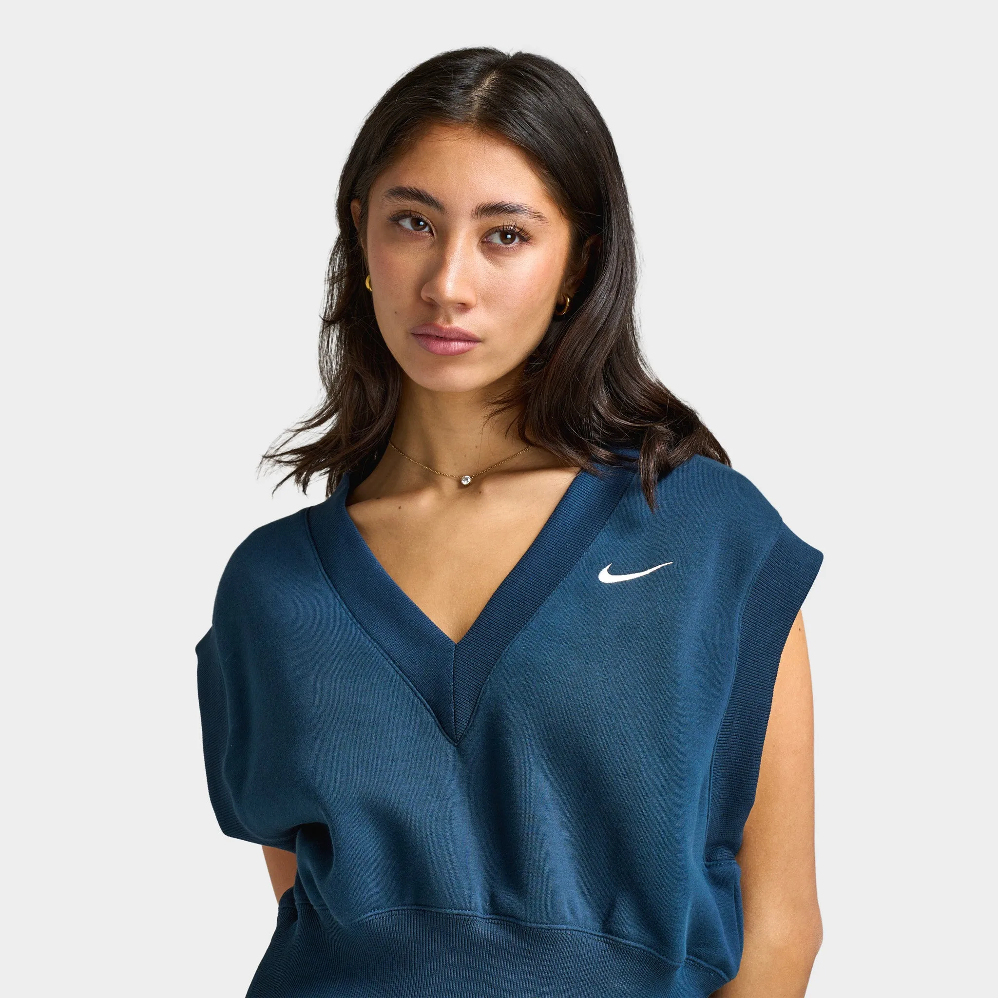 Nike Women's Phoenix Fleece Sleeveless V-Neck Crop Top Armory Navy / Sail