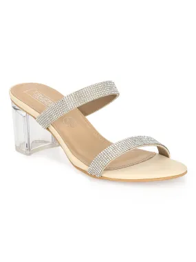 Nude PU Clear Heel Diamante Mules