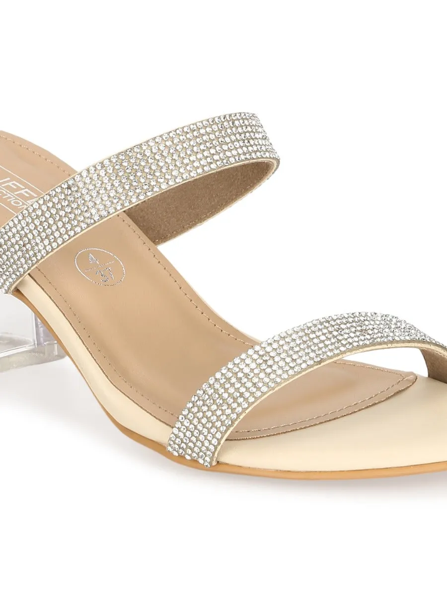 Nude PU Clear Heel Diamante Mules