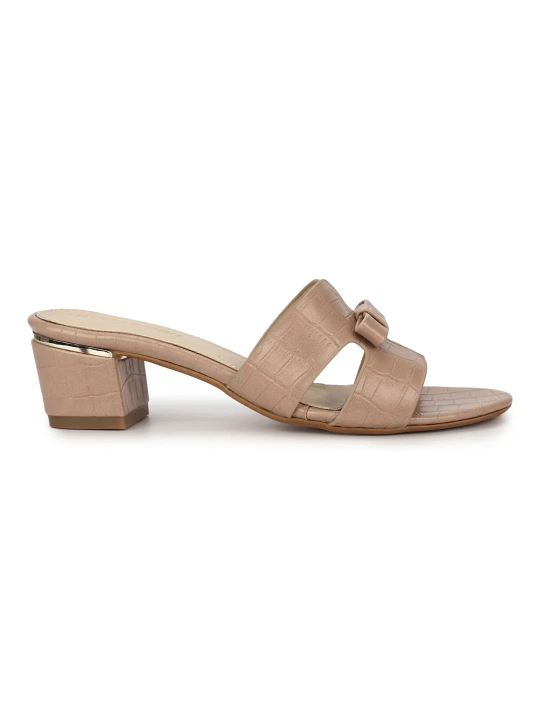 Nude PU Low Heel Croc Mules