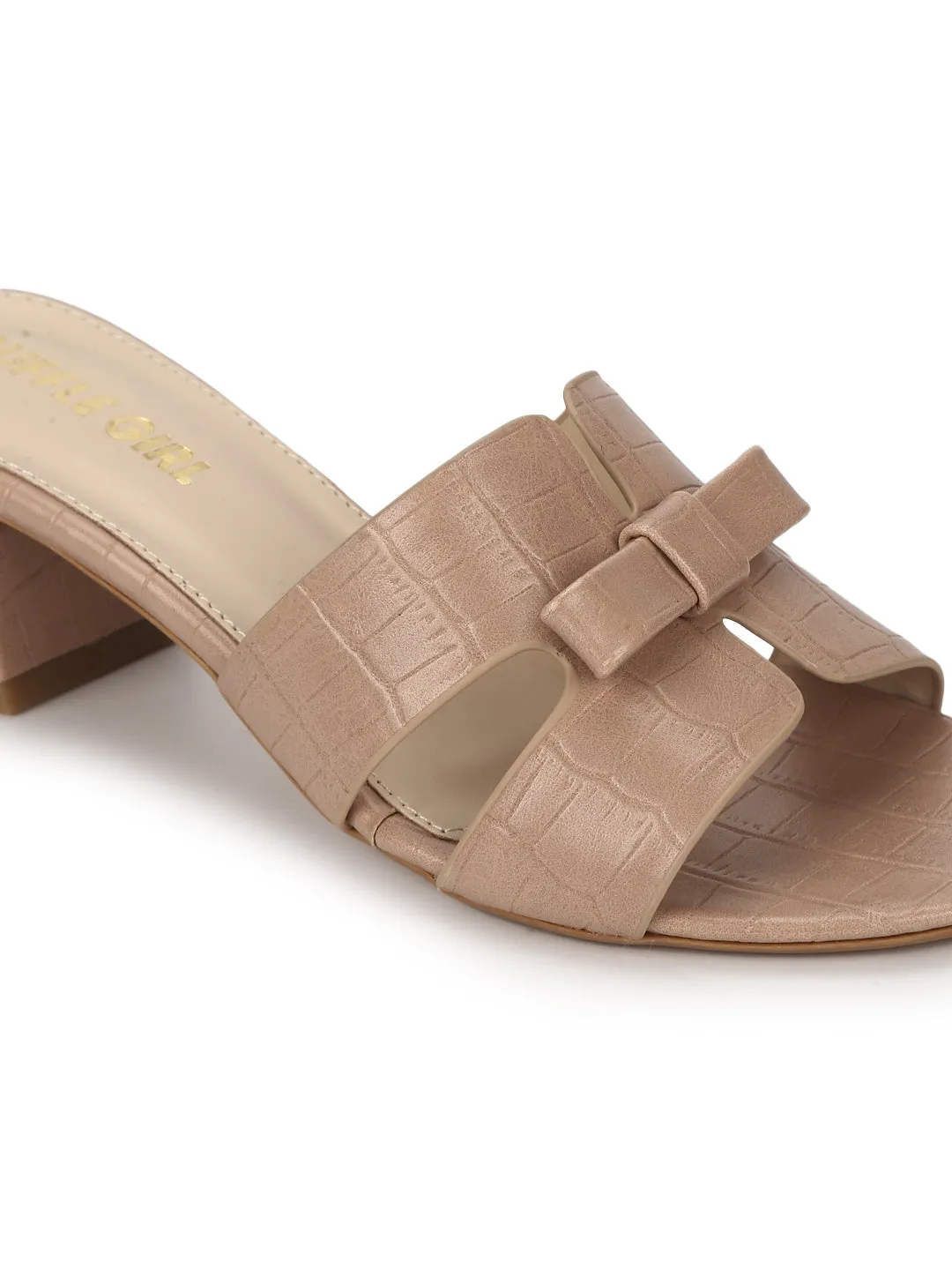 Nude PU Low Heel Croc Mules