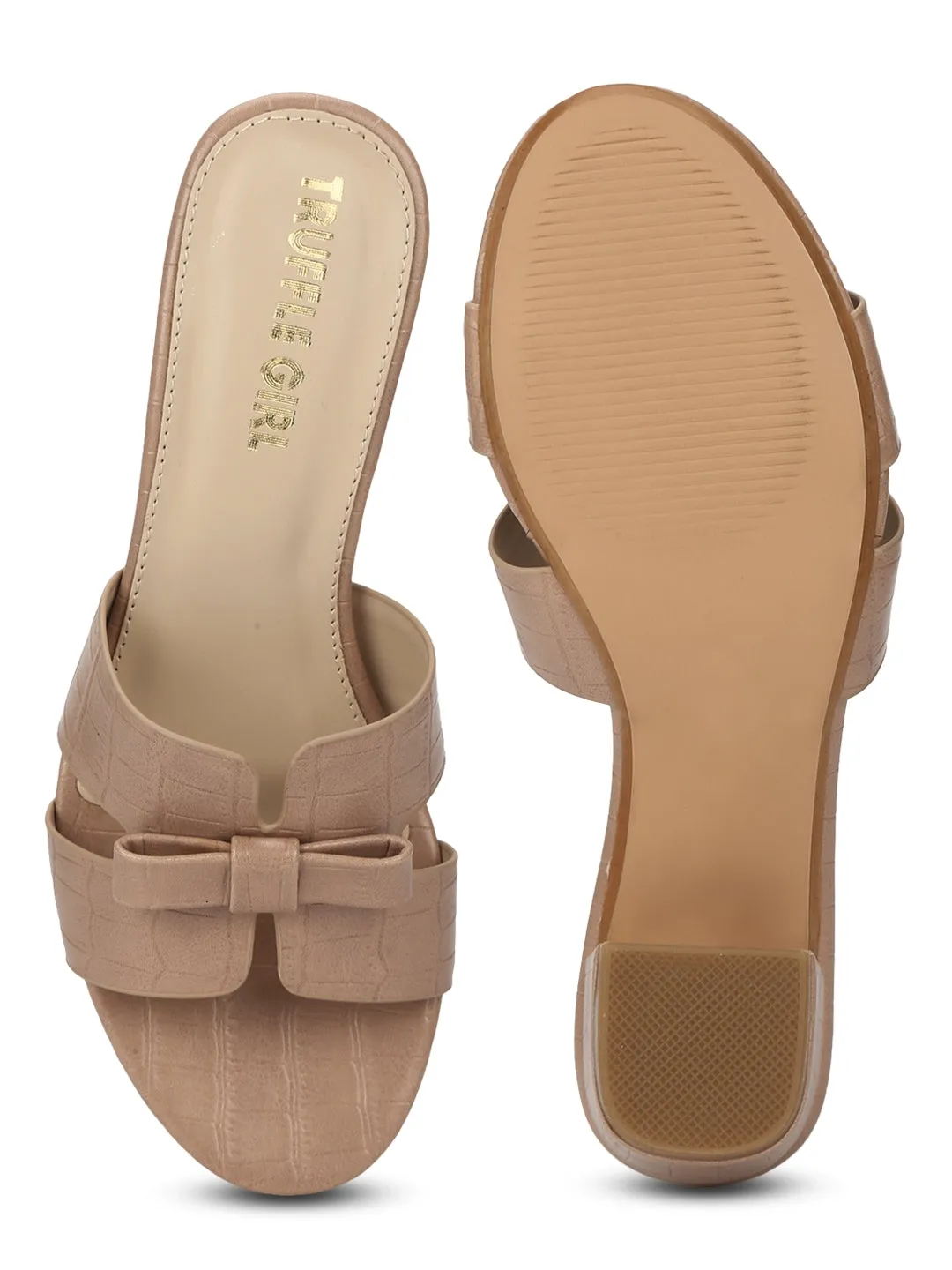 Nude PU Low Heel Croc Mules