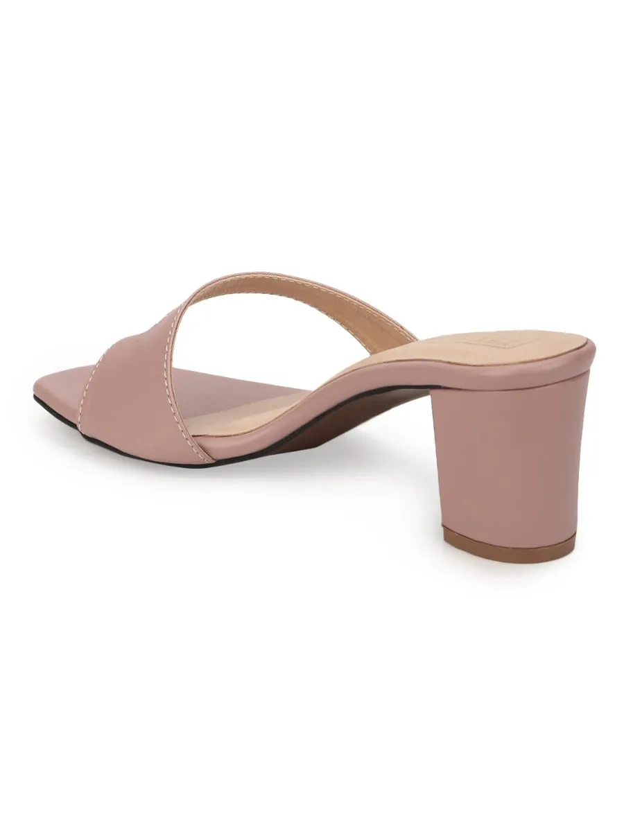 Nude PU Square Toe Block Heel Mules